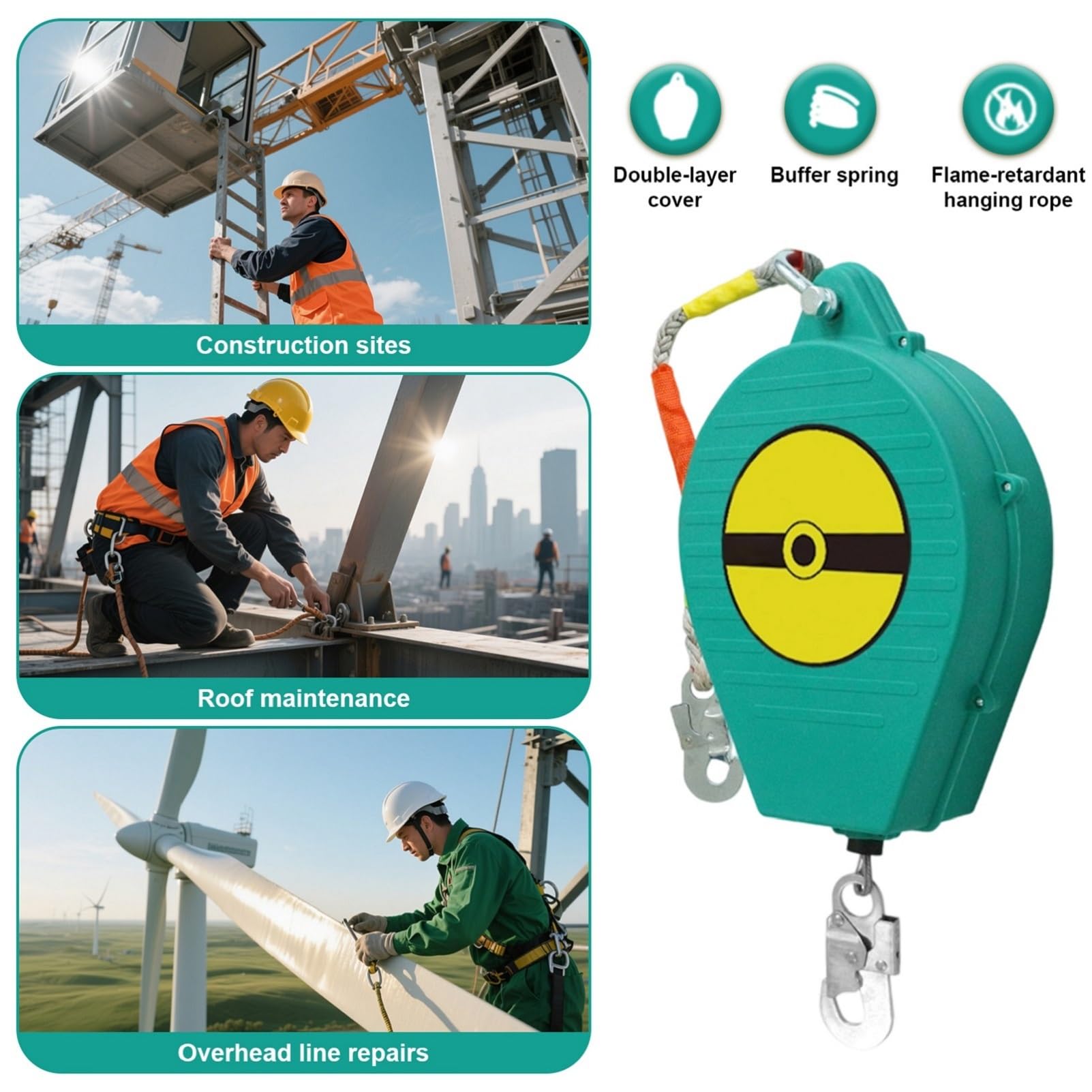 Harnais de Securite Anti Chute Toiture, Dispositif Antichute a Rappel Automatique 3-20m, Stop Chute Harnais Toiture à Rappel Automatique avec Crochet Autobloquantet(Vert,10 mètres)