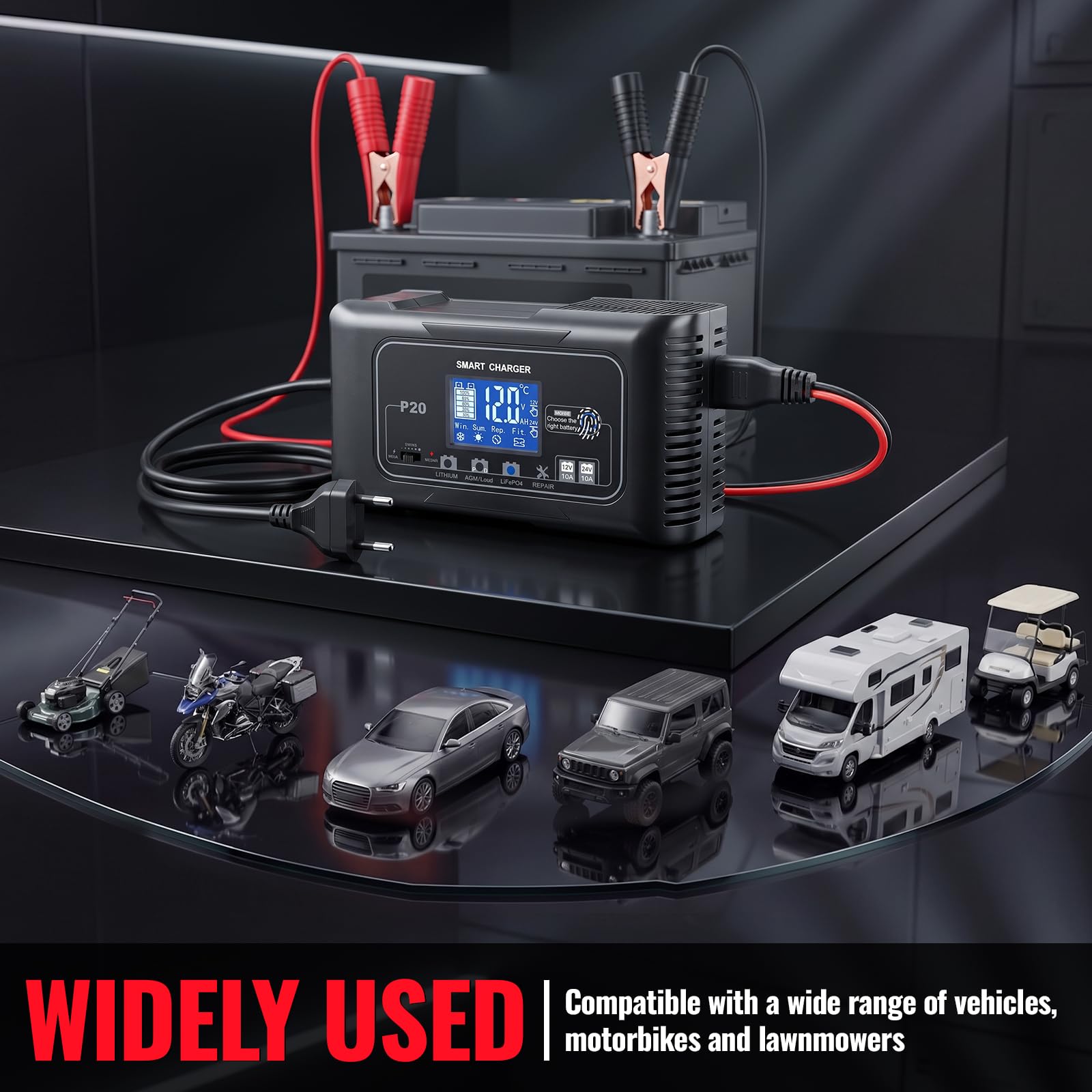 12V/20A Caricabatterie Auto, Carica Batteria Intelligente | con Schermo LCD 4 Modalità per Barche e Moto Camper