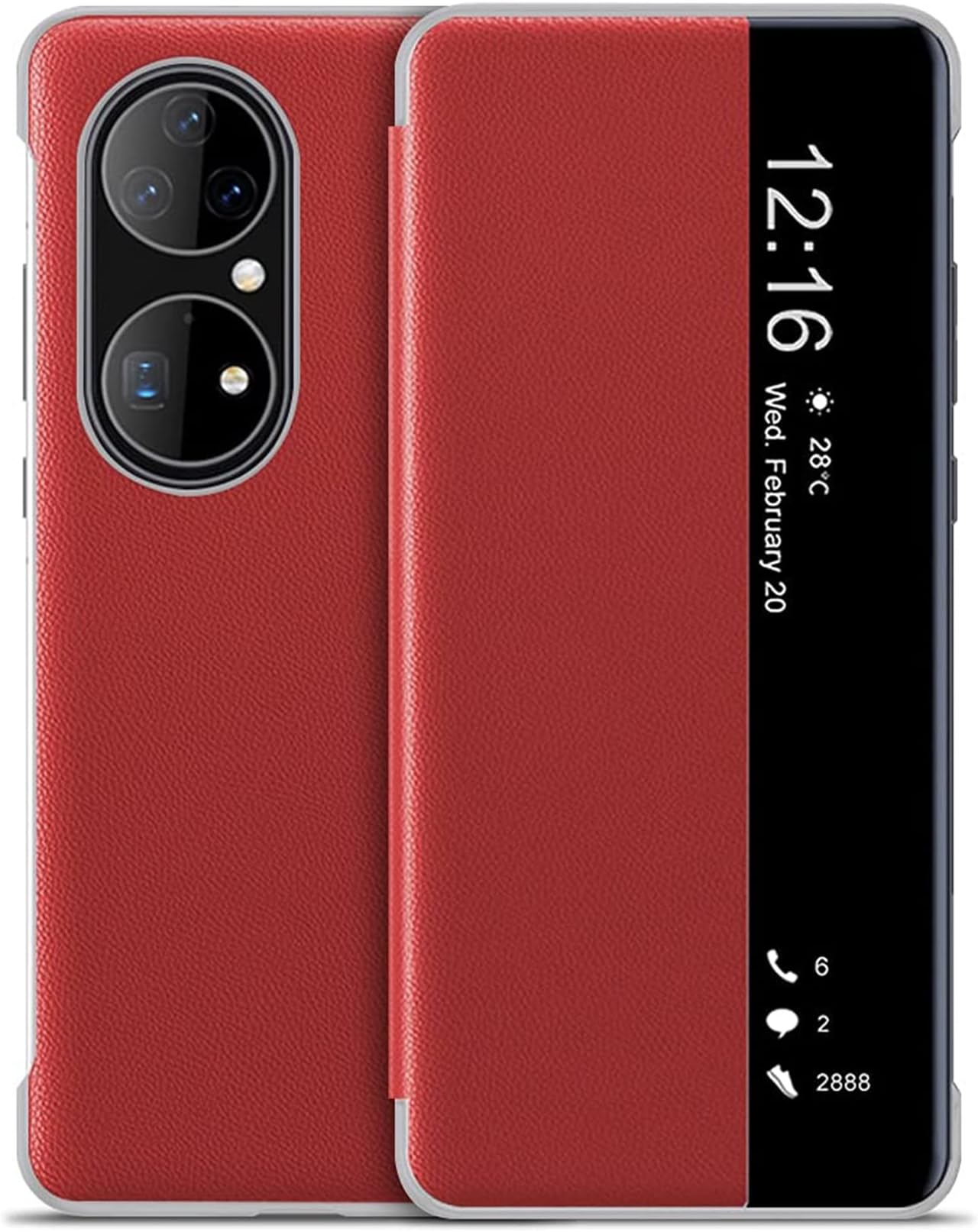 Designed for Huawei P50 Pro Case, Smart View Window Flip Cover Case PU Leather Protective Case for Huawei P50 Pro 6.6" (Red)
