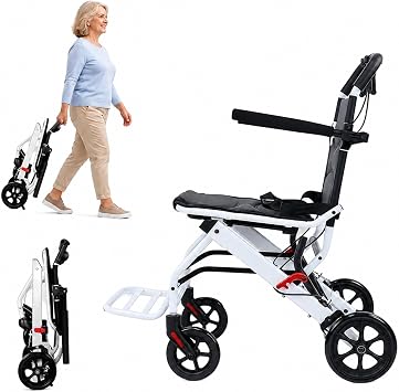 Lightweight Foldable Wheelchair Transport Chair for Travel with Hand Brakes | Lightweight foldable frame, 8.2kg portable design, PU wheels smooth mobility, safety brake system, travel ready compact fold