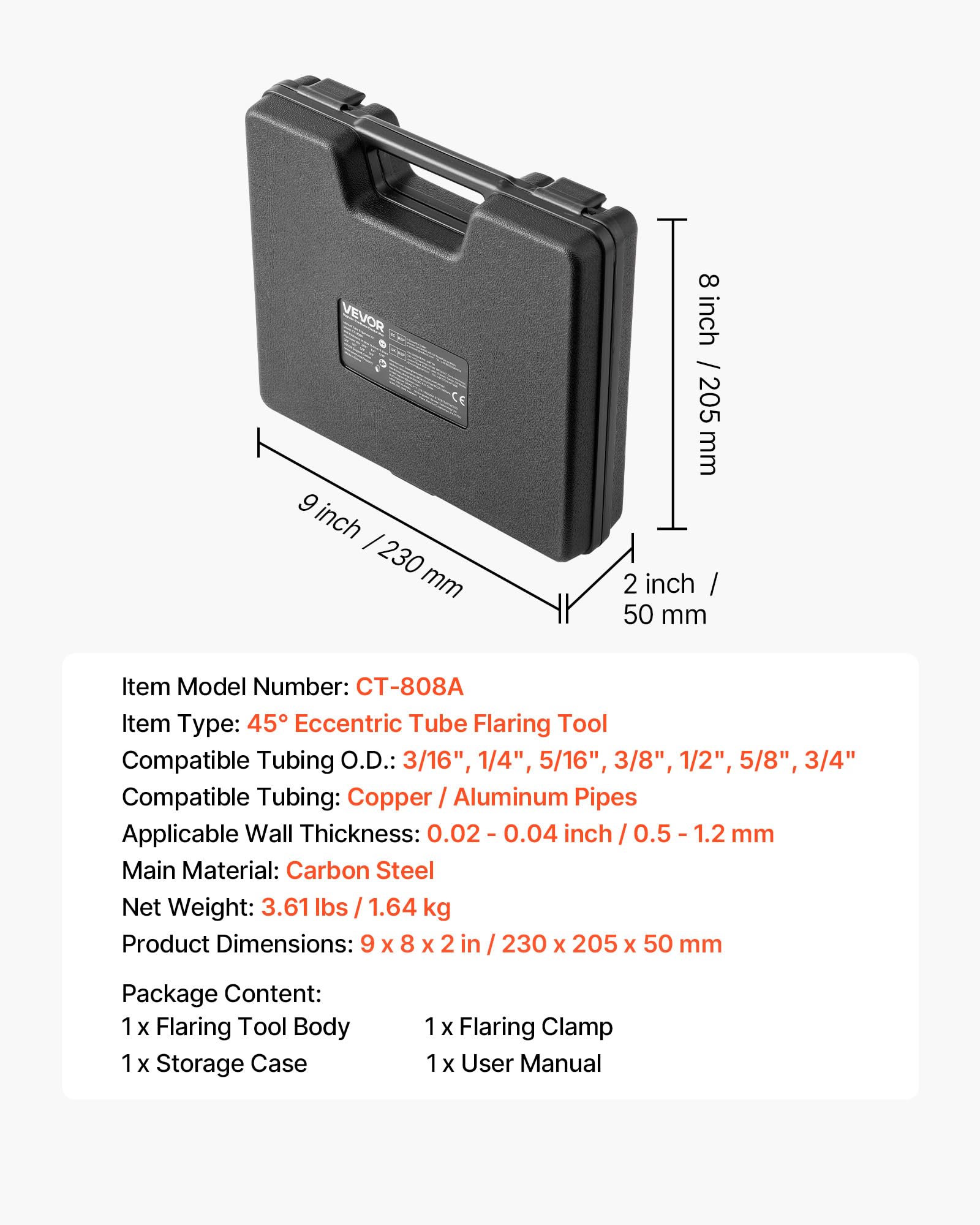 VEVOR Dudgeonnière Excentrique 45° Outil d'Évasement Excentrique à Dudgeonnage Simple pour Climatisation CVC Compatible avec Tubes en Cuivre et Aluminium 4,76-19,05 mm, avec Barre à Évaser, Mallette