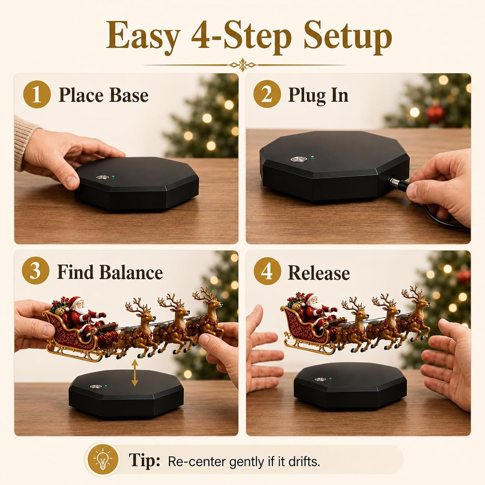 Decorazione natalizia con slitta di Babbo Natale a levitazione magnetica