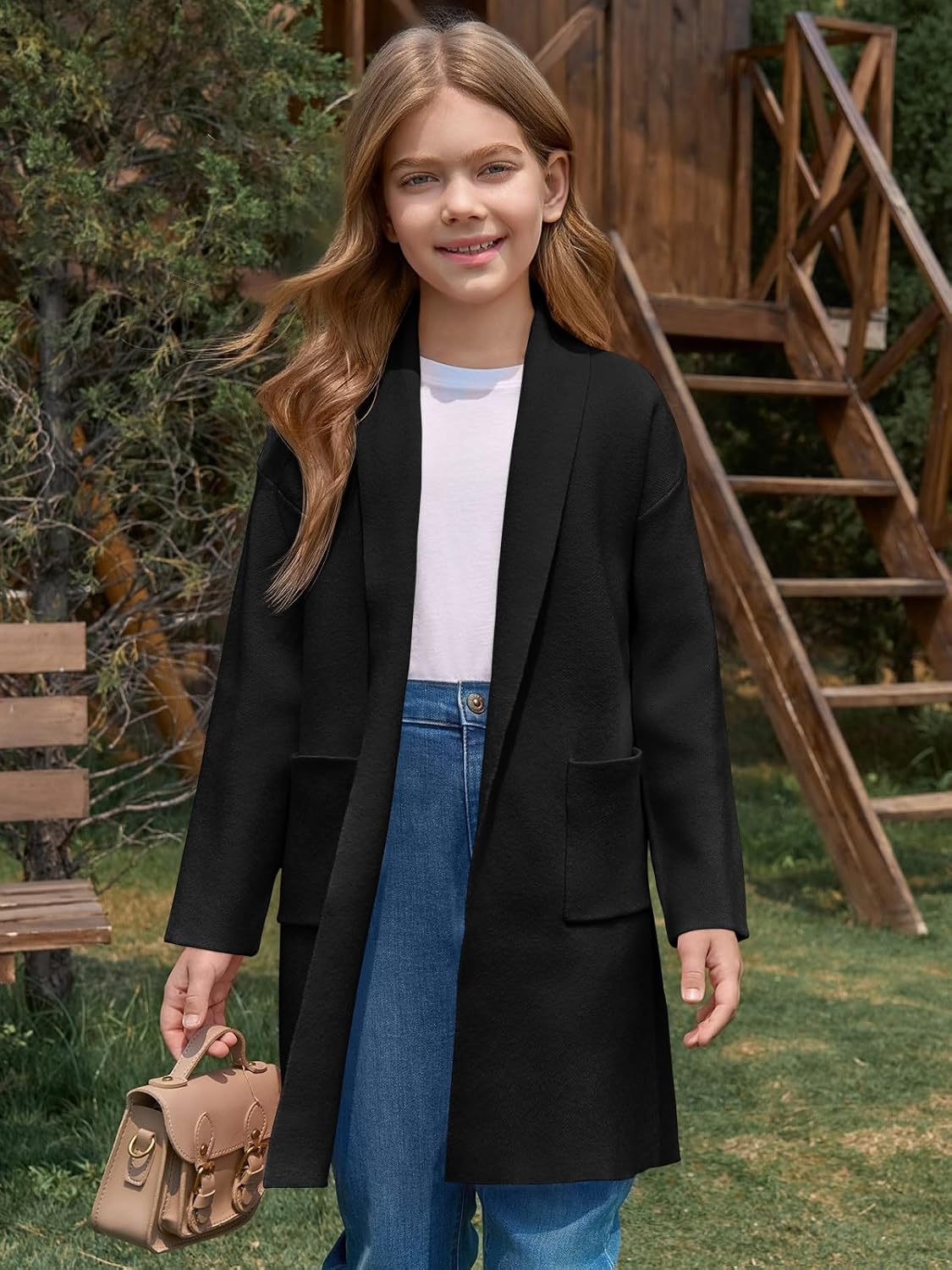 Haloumoning Girls Long Cardigan Sweaters Kids Oversized Open Front Knit Outerwear with Pockets 5-14 Years - Image 3