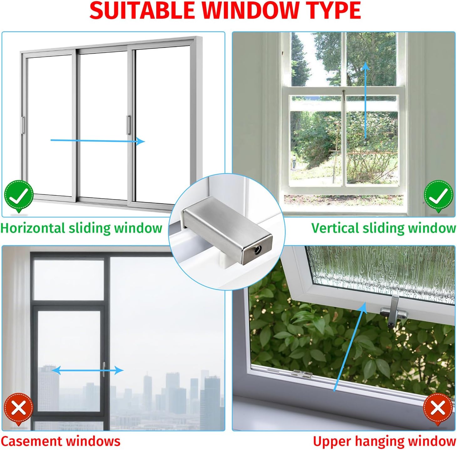 Window Locks for Horizontal Sliding Windows(8 Sets) Child Proof Sliding Window Stopper Security 0.66'' to 1.65'' Adjustable Width Stainless Steel Window Locks with Keys