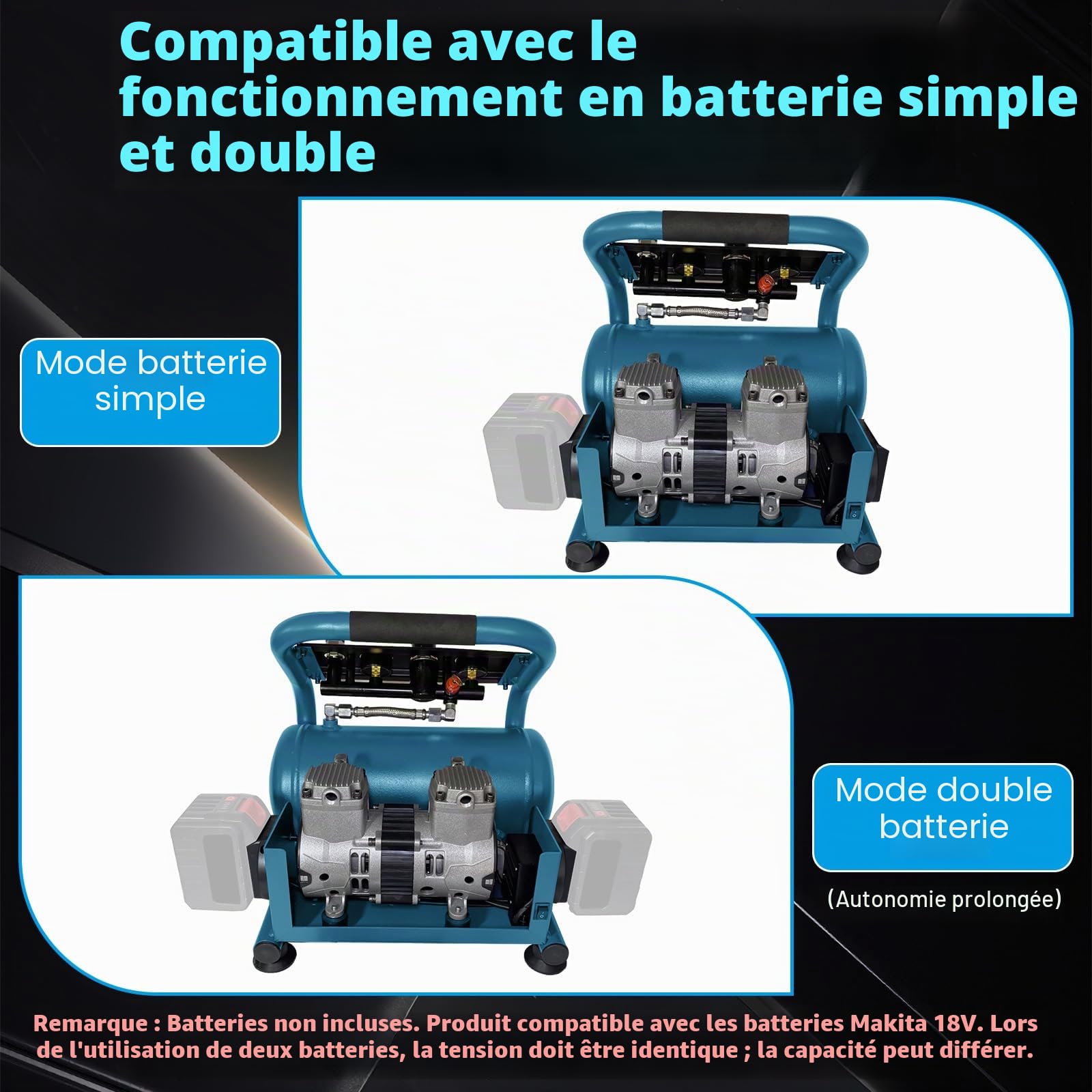 Compresseur à air portatif pour Makita 18 V batterie (sans piles), 9L sans fil silencieux compresseur d'air Pression de travail de 7,5 bar, Pression d'air réglable, Gonflage rapide