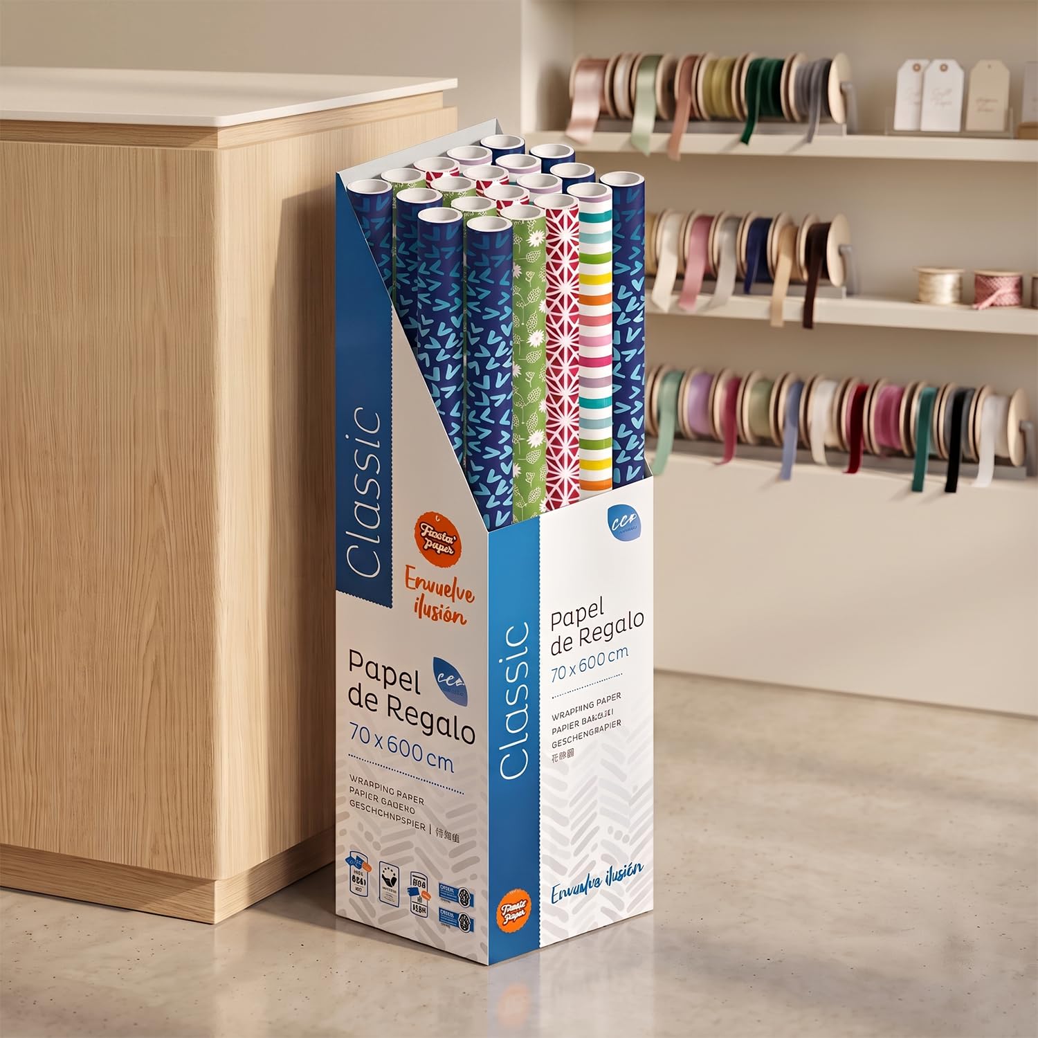 Pack 20 Rollos Papel Regalo XXL 6m x 70cm Extra Largo, Caja Expositora, Alta Resistencia, Formato Comercial, Listo para Tienda, Regalos Grandes Cumpleaños Embalaje Tiendas Comercios - FP Fiesta Paper