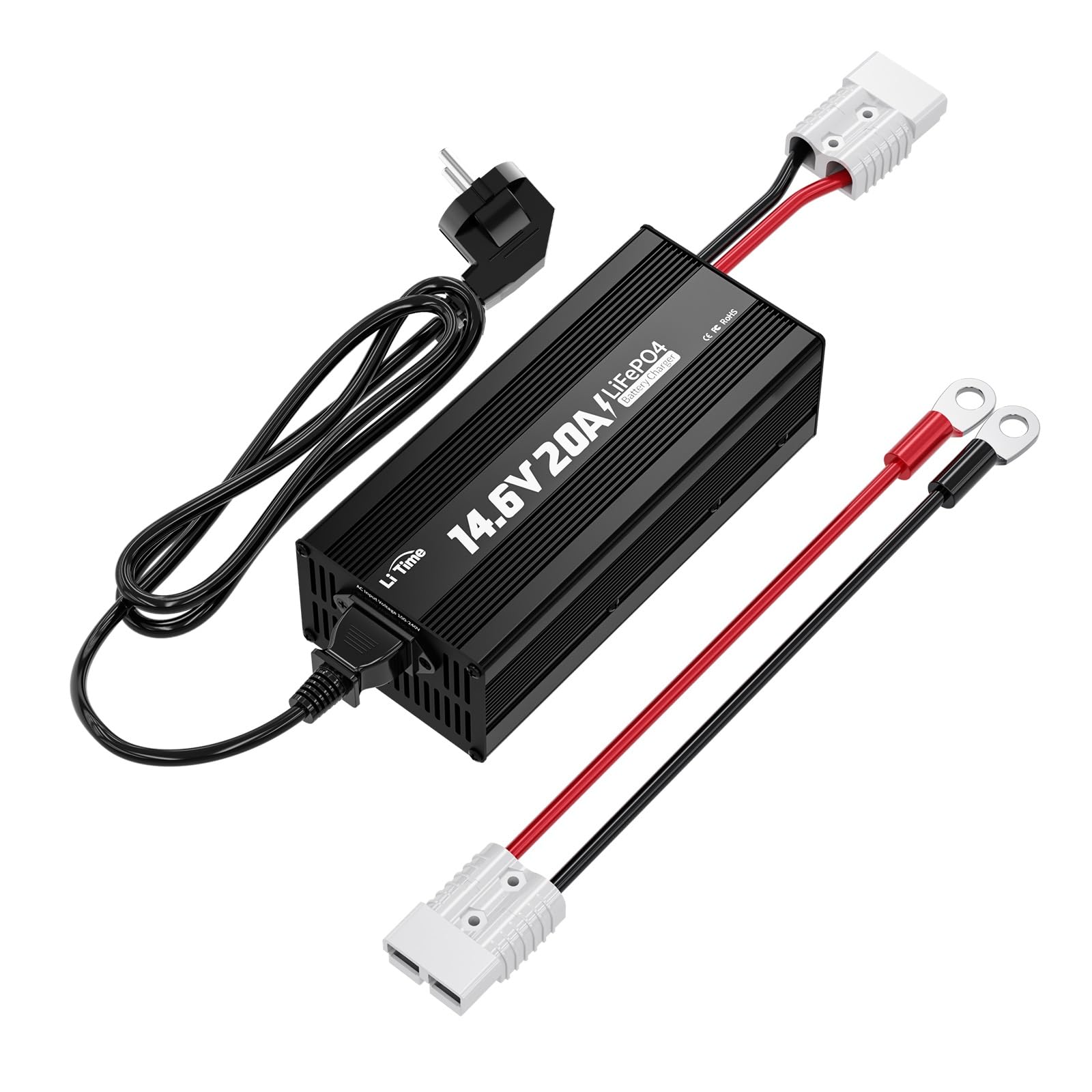 LiTime 12V 20A Caricabatterie per Batterie Litio, 14,6V 20A AC-DC Caricatore con Connettori Anderson e Indicatori LED, Caricabatterie LiFePO4 12V per Camper, Case, Off-Grid e Solari