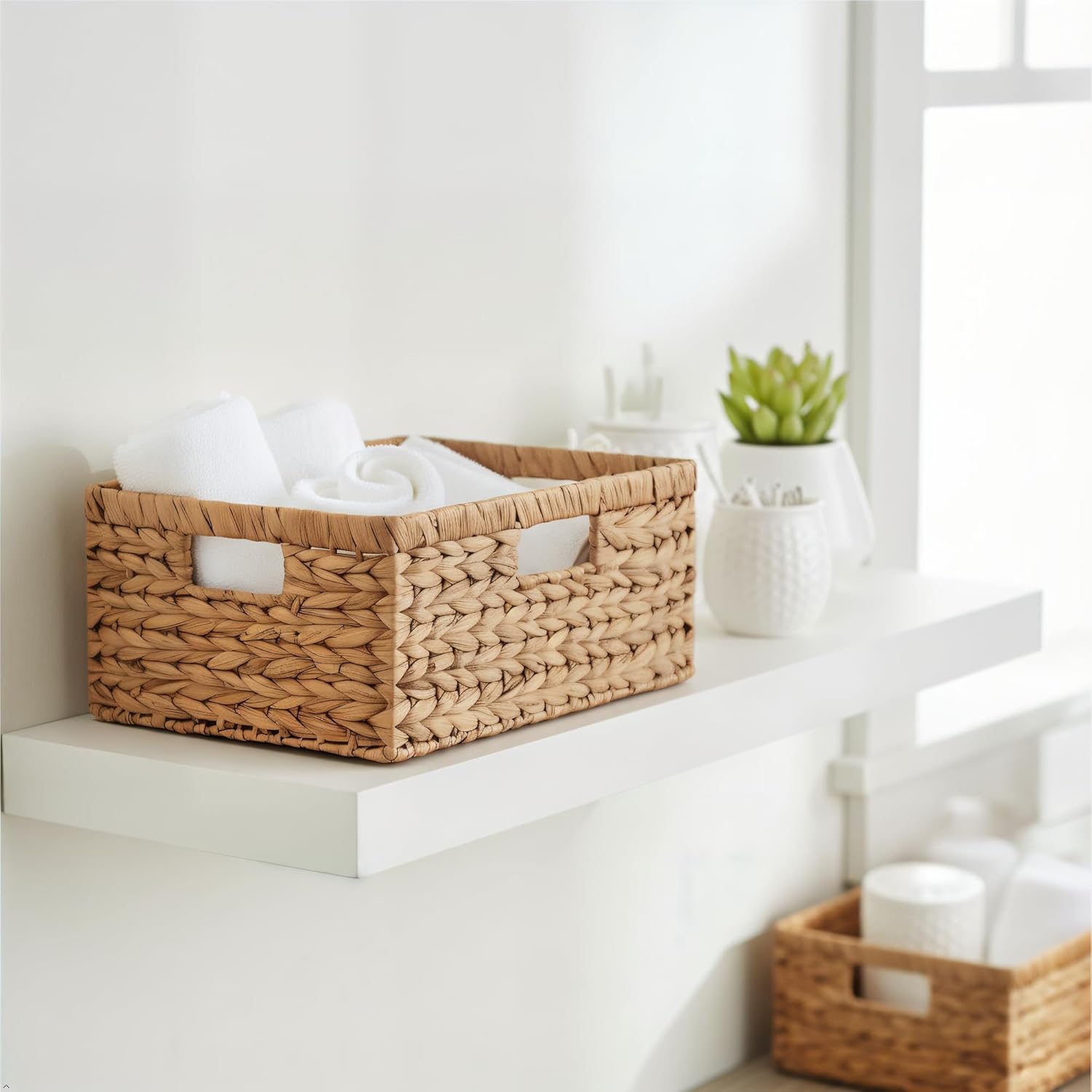 Large Rectangular Wicker Basket - Premium Water Hyacinth Storage Basket with Built-in Handles for Home Organization, Shelf Organizer, Decorative Natural Handwoven Basket, 15x11x7"