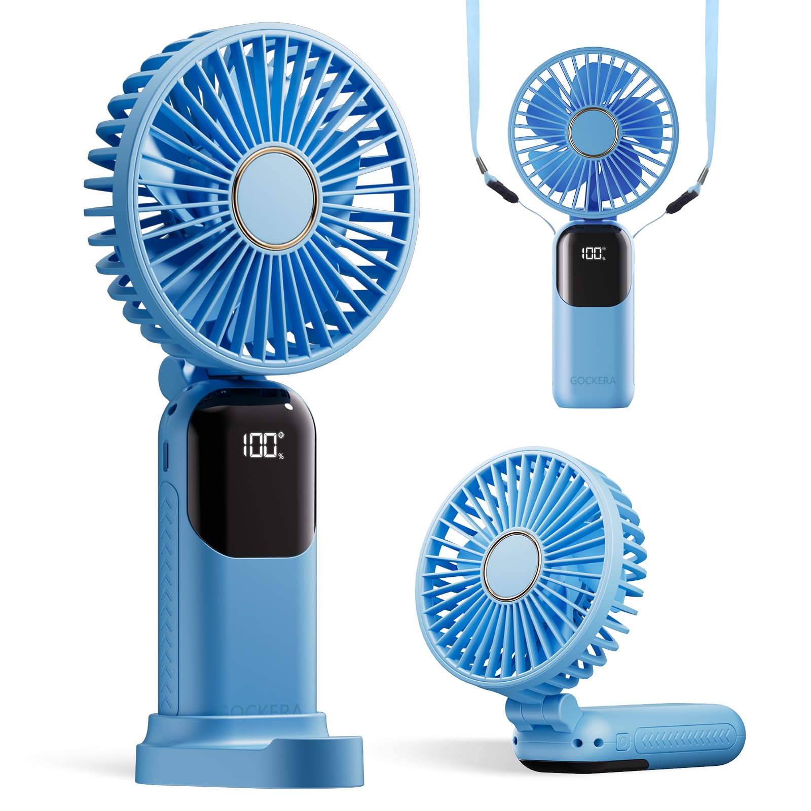 Portable Fan, 4200mAh Battery Operated Fan, 5 Speeds&Digital Display, Makeup Fans for Women with Base, 180°Foldable 3in1 Handheld/Neck/Desk Fan for Outdoor Indoor,Ultra Quiet (sky blue)