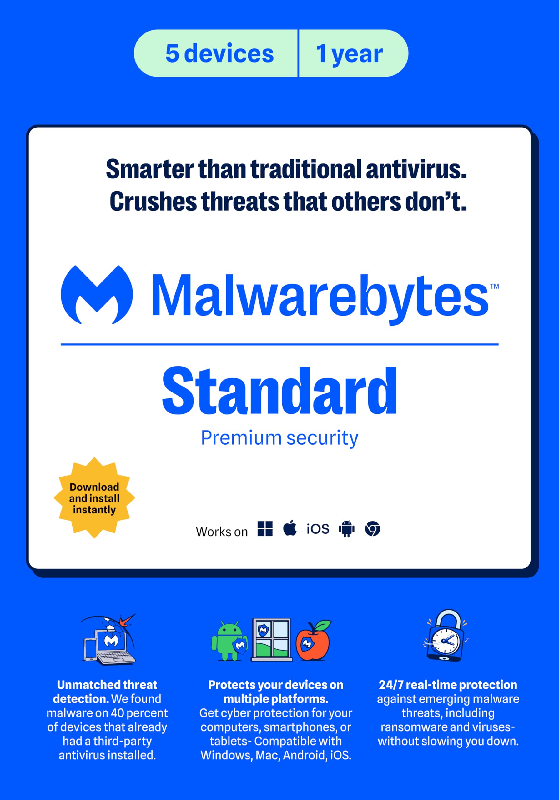 Malwarebytes Standard, Premium Software | 5 Device 1 Year (Windows, Mac OS, Android, Apple iOS, Chrome) [software_key_card]