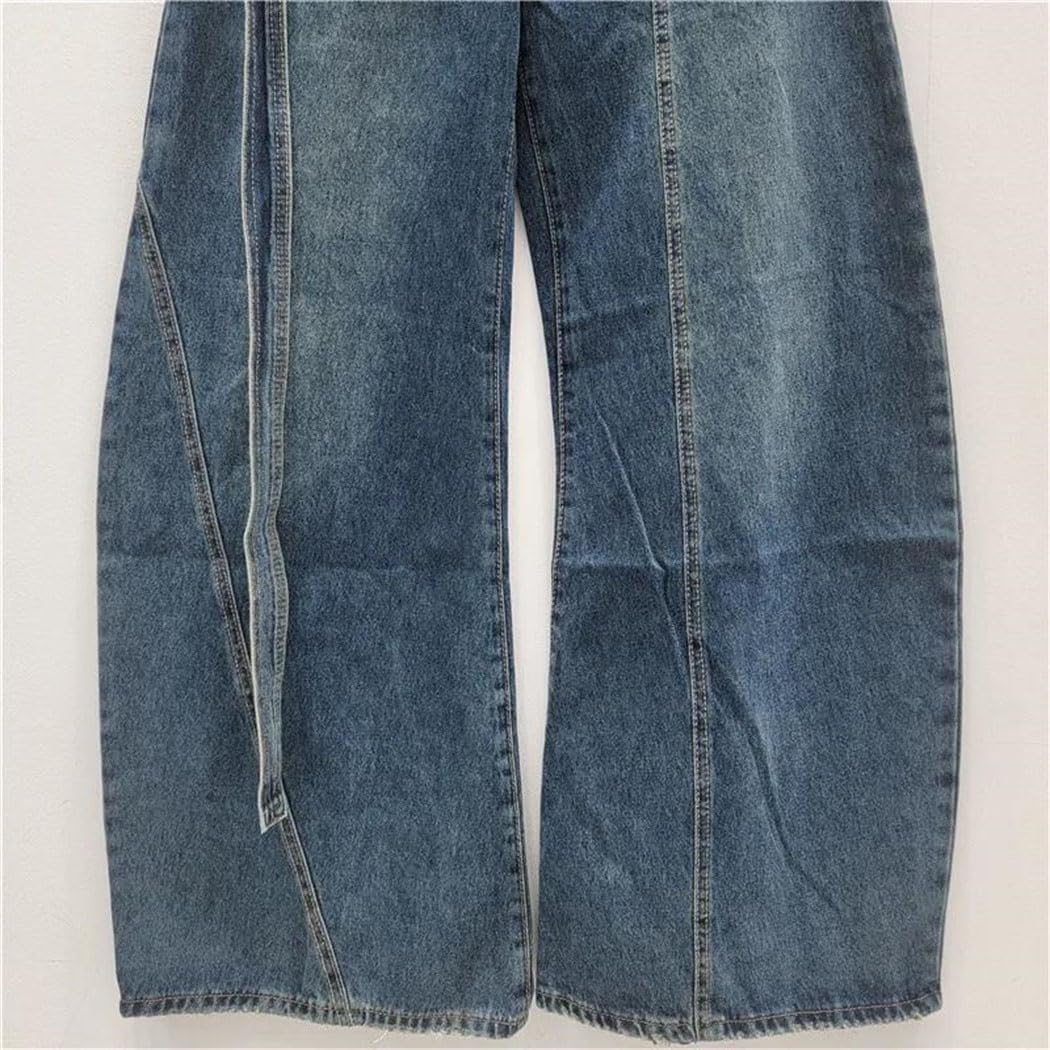 Women's High Waist Wide Leg Jeans with Decorative Buttons and Ribbon Ties Curved Hem Detail Denim Trousers