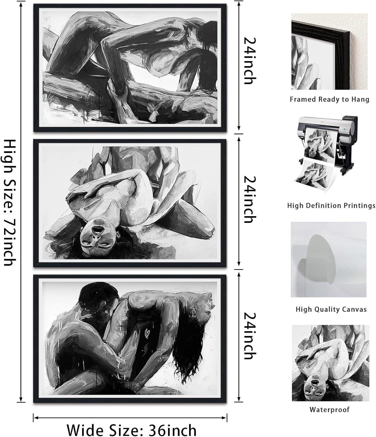 Romantic Large Framed Wall Art Set Black and White Pictures Woman Man Painting Canvas Prints Home Decor for Bedroom Bathroom Laundry Wall Decoration Ready to Hang 24x36inchx3Pcs BLACK
