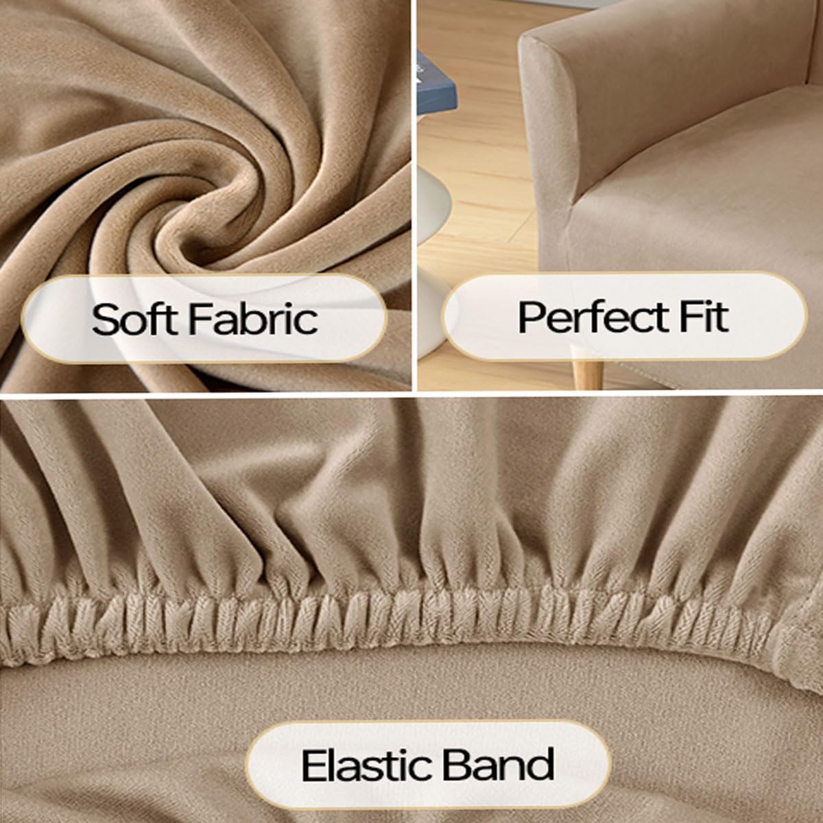 Stretch Chair Covers with Arms 1-Piece Banquet Armchair Slipcover Velvet Mid Century Modern Armchair Slipcover Anti-Slip Furniture Protector for Living Room Friendly for Kids Pets (Khaki)