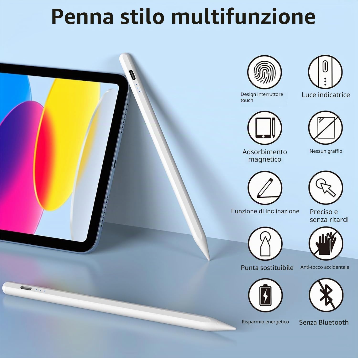Penna Stylus Compatibile con Apple iPad 2018-2025, Ricarica Rapida, Palm Rejection, Bianco