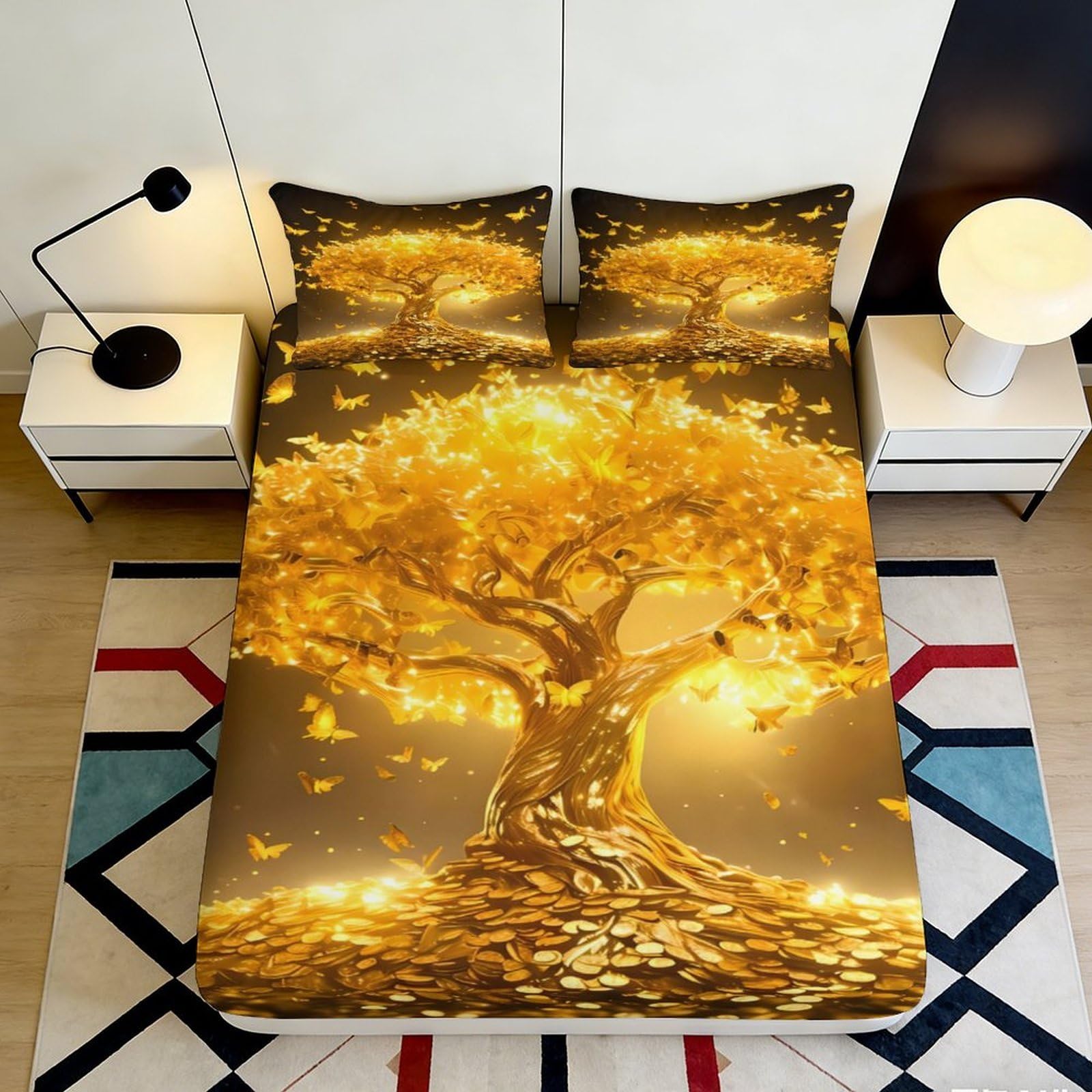 Pnayamiorkfel Style-10 3D Printed Golden Tree Fitted Sheet Microfiber Soft Bedroom Decor Butterfly Bed Cover For Adults Teens 90X200x25cm