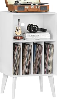LELELINKY Soporte Giratorio para Tocadiscos y Almacenamiento de Vinilo - hasta 160 Álbumes, Mesa con Patas de Madera para Sala de Estar - Color Blanco