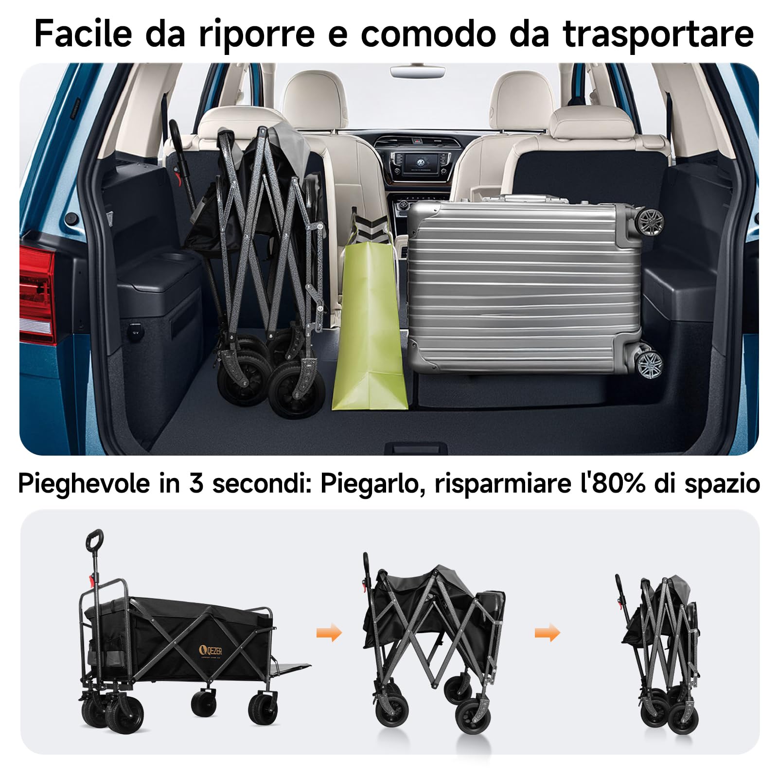 Carrello pieghevole è dotato di grandi ruote staccabili e di una maniglia regolabile, Capacità di carico massima 100kg/210kg，Adatto per campeggio, giardini e shopping (nero 250 litri 210kg)