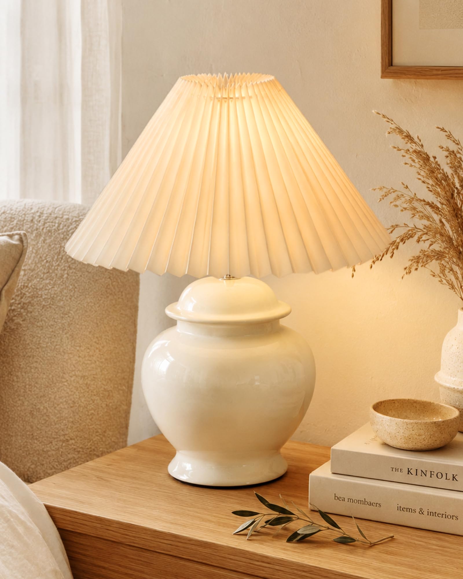 Homesake® White Ceramic Table Lamp for Bedroom Living Room,Incandescent,Modern Bedside Lamps Light,Nightstand for Home Office,Minimalist Nordic Style Accent Lighting Décor, (Off-White Pleated Shade)-image-5