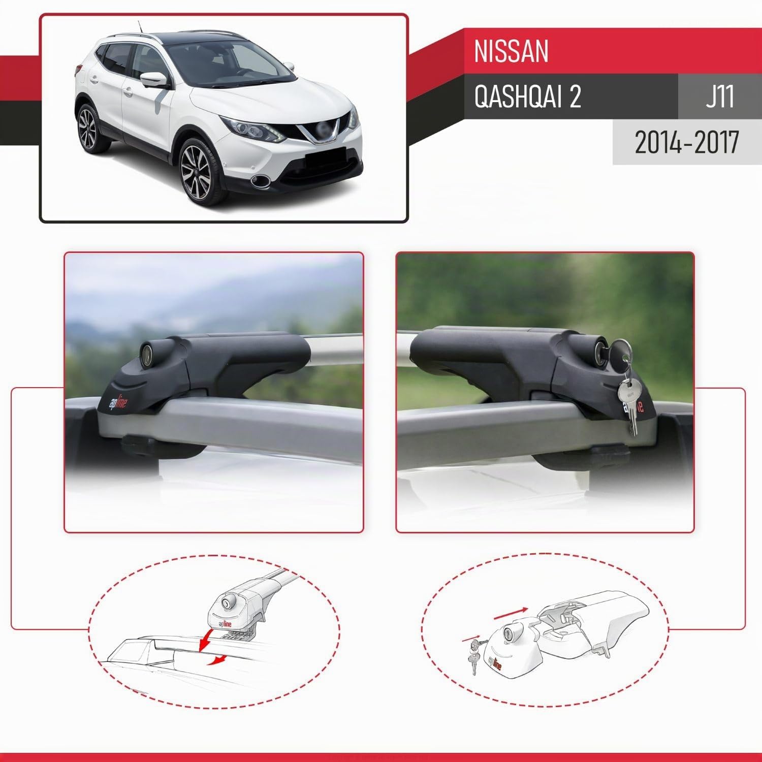 Compatible avec Nissan Qashqai 2 (J11) Pre-Facelift 2014-2017 ACE-1 Modèle Barres de Toit Railing Porte-Bagages de Voiture Aluminium Gris 2 Barres