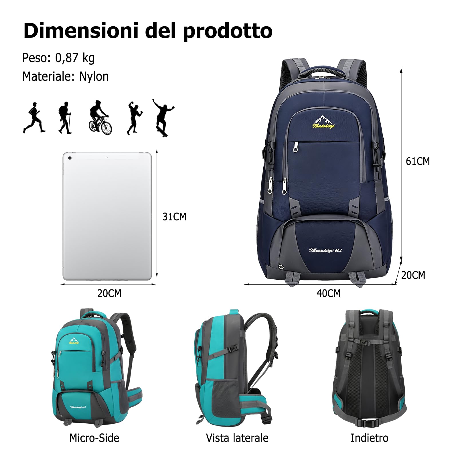 Zaino Escursionismo 60L Grande Zaino Campeggio con Sistema Dorsale Traspirante Zaini da Viaggio Outdoor Resistente All'acqua per Donna Uomo Arrampicata Sport Blu Scuro