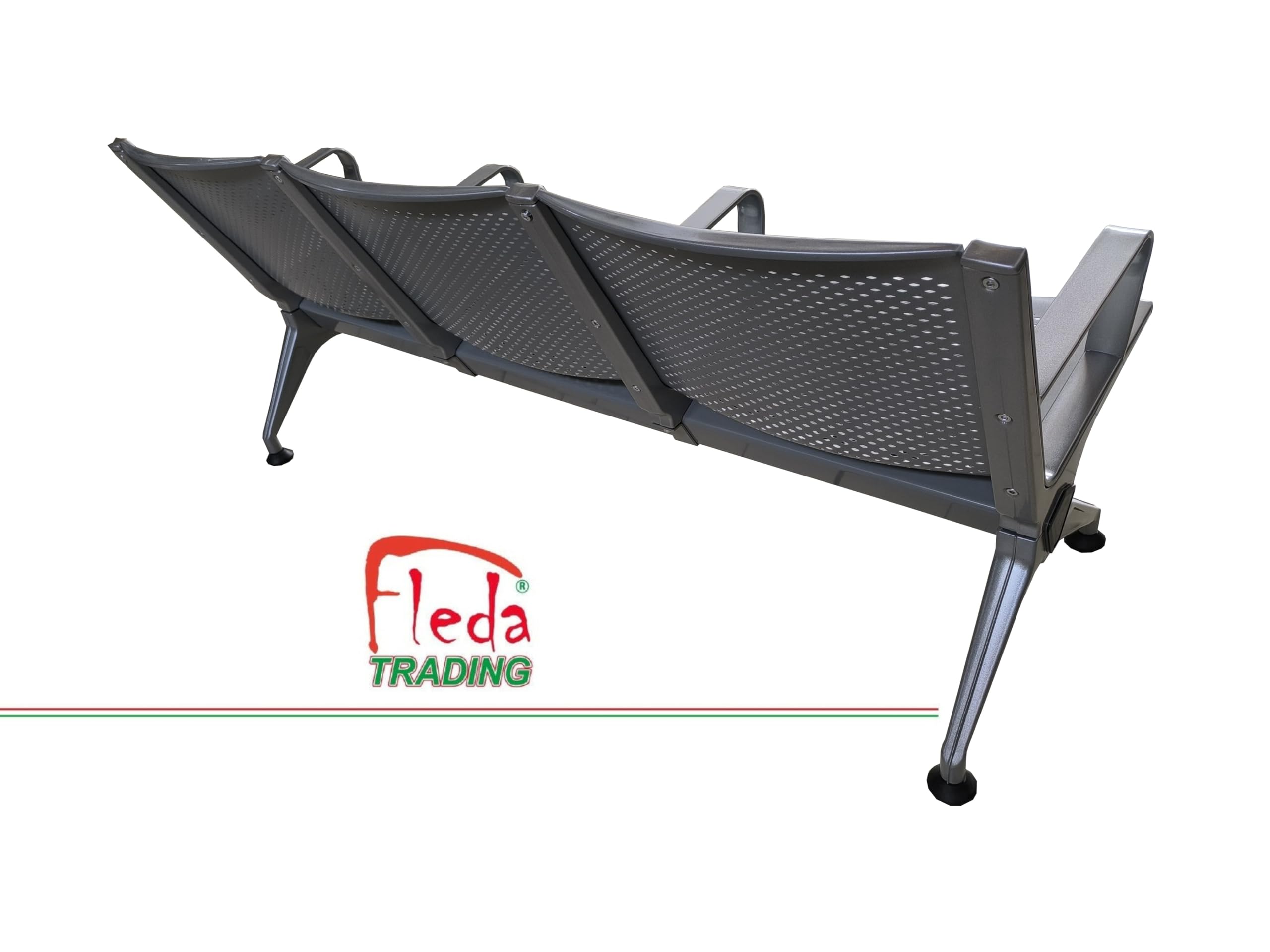 Panca in Metallo per Sala d'Attesa 3 Posti, Sedute Ufficio in Acciaio Verniciato Grigio con Lamiera Traforata Sagomata, Design Elegante e Moderno per Studio Professionale, 175x68x77 cm