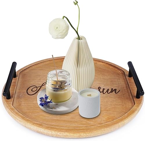 Bandeja redonda para servir con asas de metal negro, bandejas de madera de 13 x 13 pulgadas para comer, entretener, decorar y organizar, se utiliza