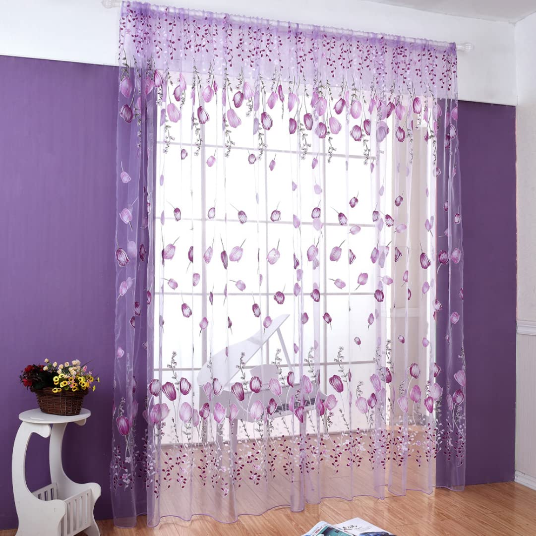 Xoeryoy Window Curtains Sheer Voile Curtains Tulle Printed for Living Room Bedroom Home Decoration Purple 100 * 200CM