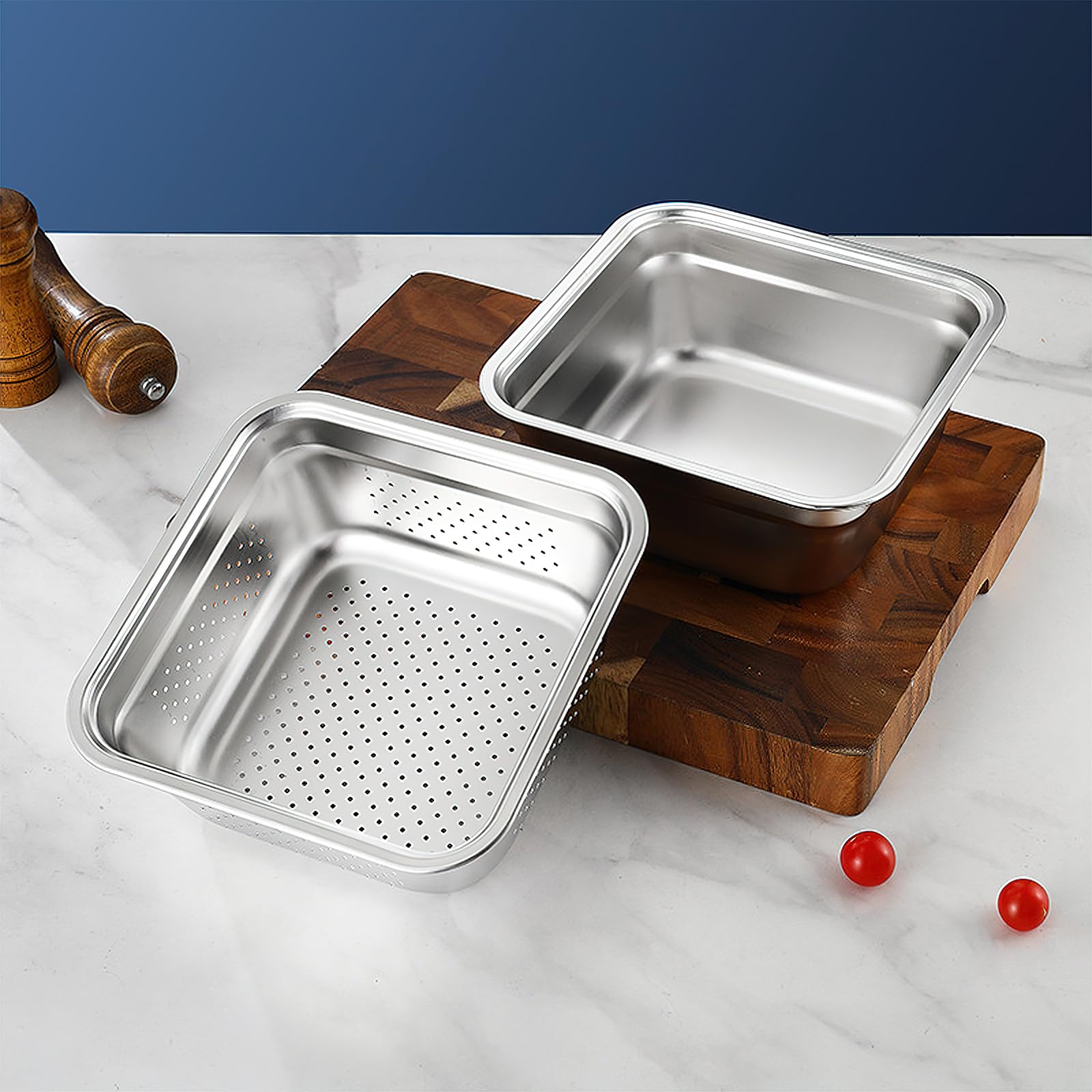 Set di ciotole 2 in 1 in acciaio inossidabile, 32,5 cm, robusta vasca quadrata con scolapasta, lavabo per frutta e verdura, per lavello, padella per scolare riso, pasta, colino per alimenti