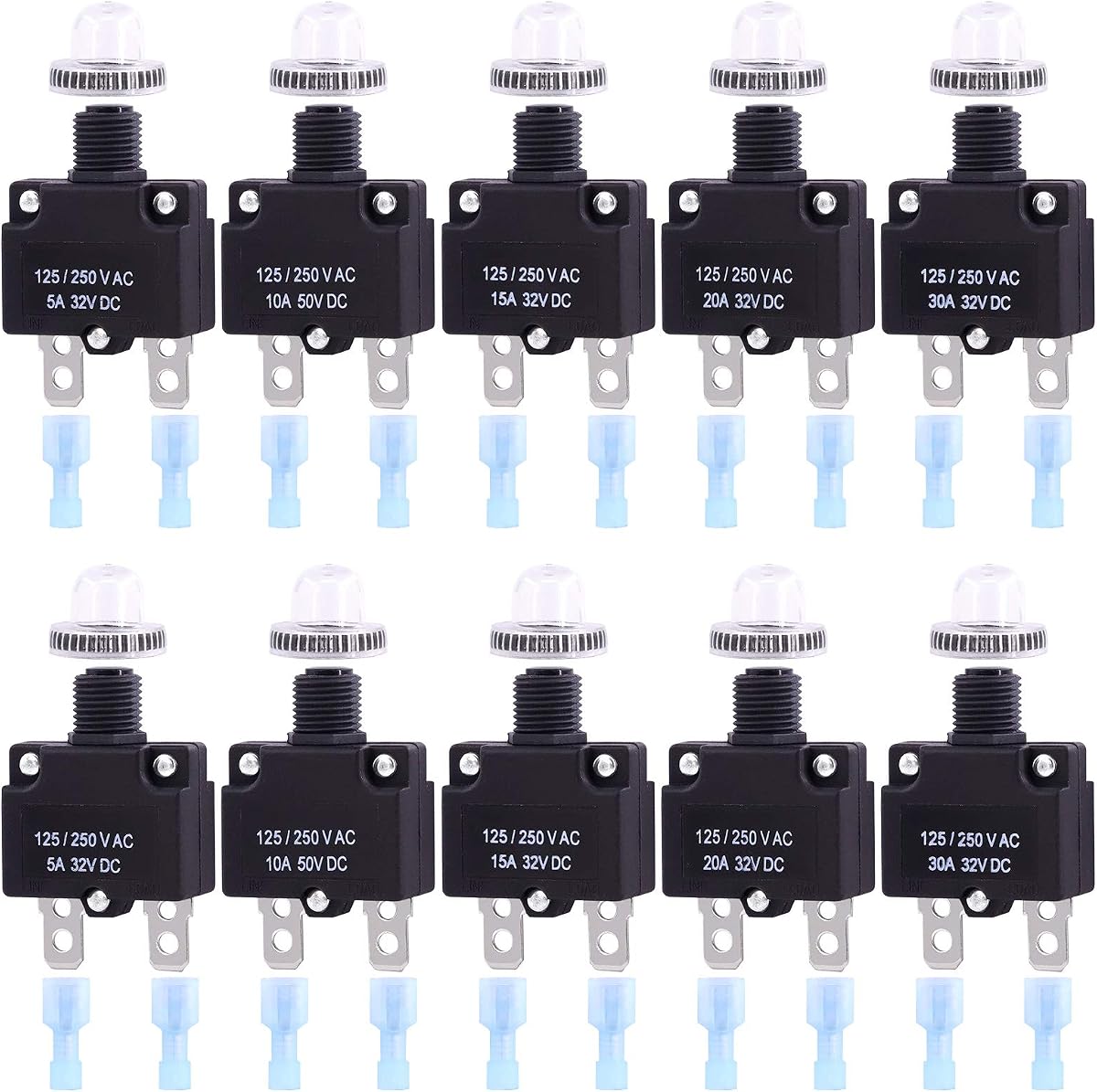 Swpeet 30Pcs 5 Sizes Thermal Circuit Breaker with Quick Connect Terminals and Waterproof Button Caps Assortment Kit, 5Amp 10Amp 15Amp 20Amp 30Amp with Waterproof Push Button for Switch Operation