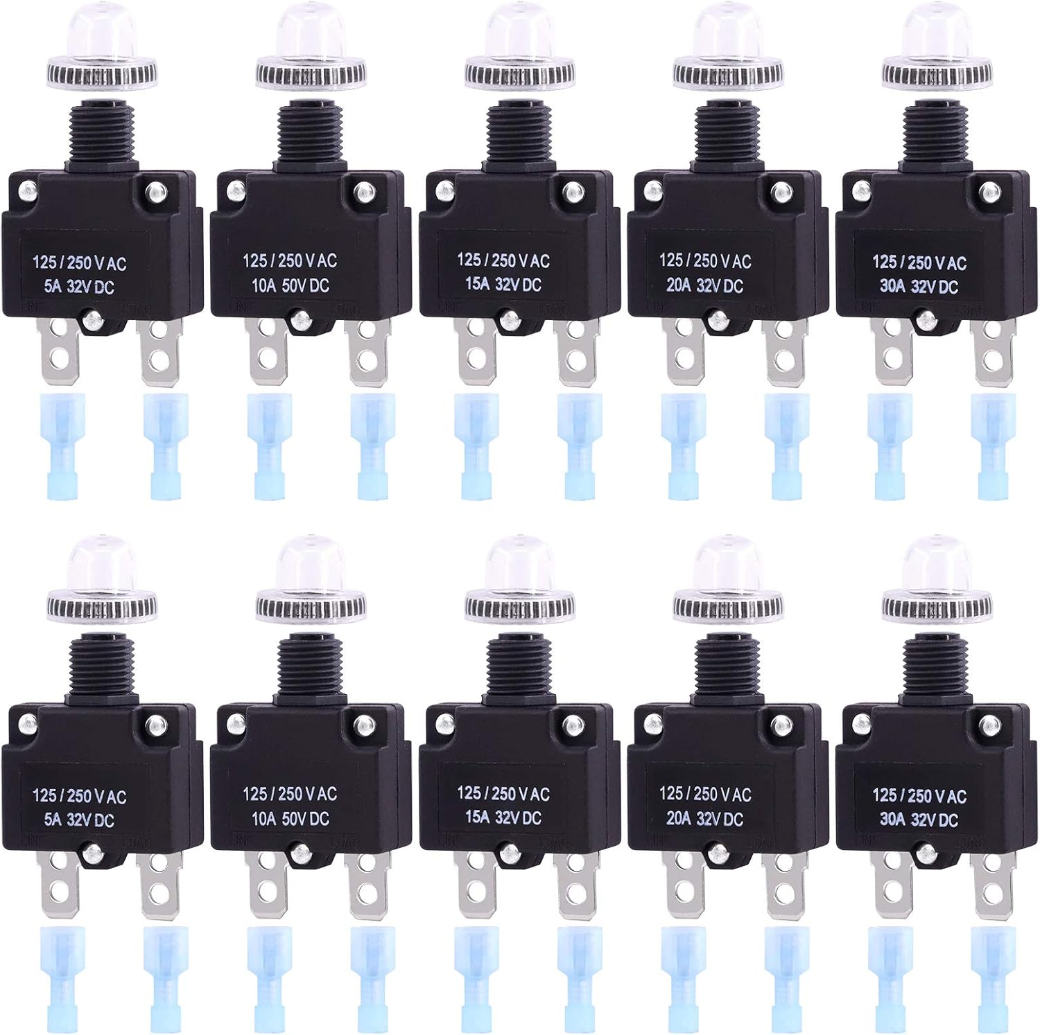 Swpeet 30pcs Thermal Circuit Breaker Kit: 5A 10A 15A 20A 30A with Waterproof Caps & Quick Connect Terminals - Auto Marine Reset Switch