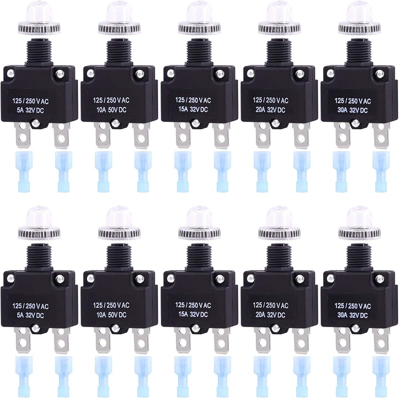 Swpeet 30Pcs 5 Sizes Thermal Circuit Breaker with Quick Connect Terminals and Waterproof Button Caps Assortment Kit, 5Amp 10Amp 15Amp 20Amp 30Amp with Waterproof Push Button for Switch Operation