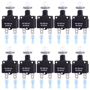 Swpeet 30Pcs 5 Sizes Thermal Circuit Breaker with Quick Connect Terminals and Waterproof Button Caps Assortment Kit, 5Amp 10Amp 15Amp 20Amp 30Amp with Waterproof Push Button for Switch Operation