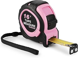 WORKPRO 16-FT Tape Measure with Fractions, 3 Brakes Retractable Measuring Tape, Compact Measurement Tape with Magnetic Hook, Nylon Coating Blade Accuracy 1/32”, Pink