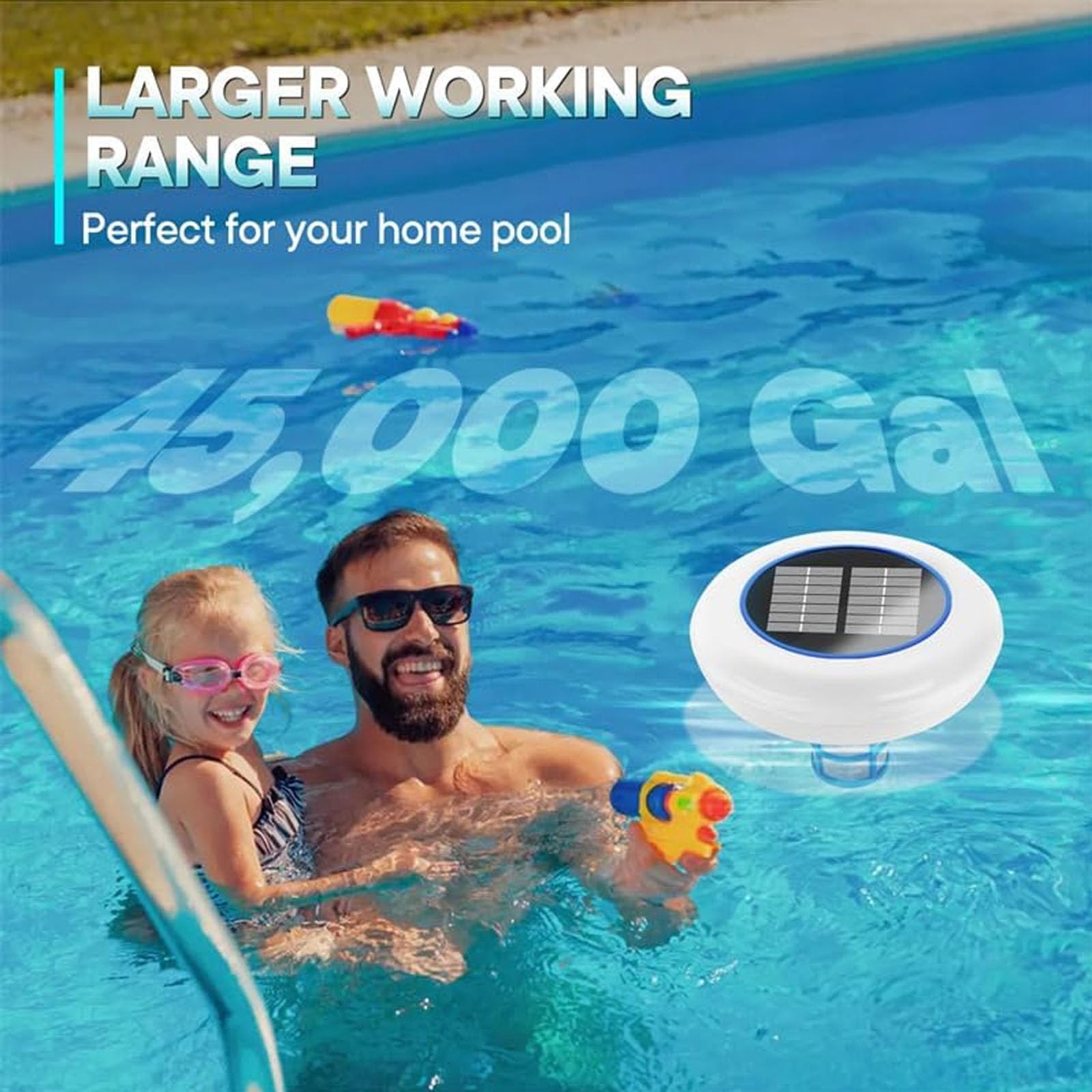 Ionizzatore solare per piscina, ionizzatore a LED in rame a 7 colori, detergente ad energia solare per piscine, fino a 85000 l, prestazioni stabili e nucleo in rame resistente, per piscine fuori terra