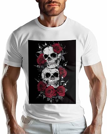 Men T-Shirt,Crewneck Tee Shirt Rose Skull Short Sleeve Casual Black T Shirts