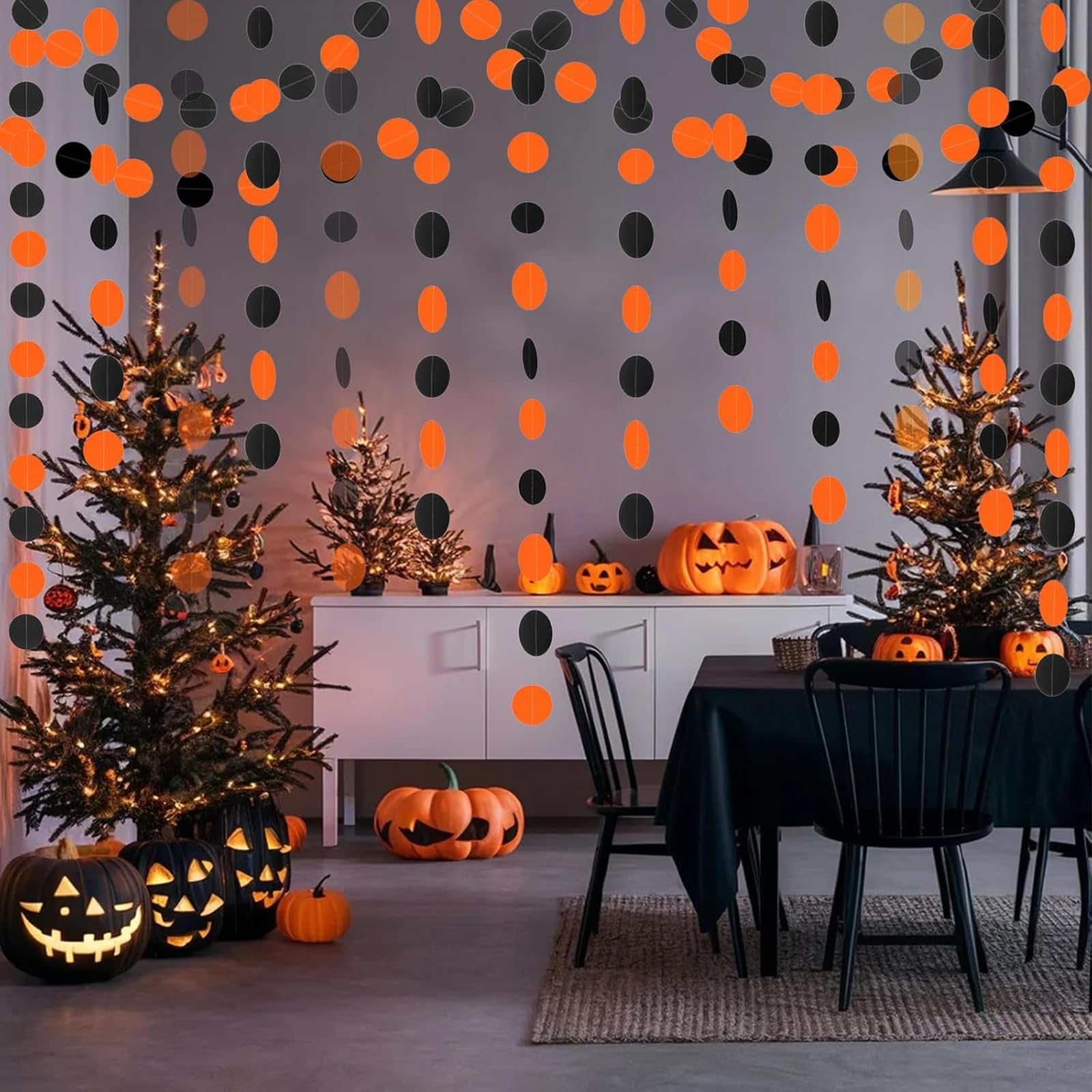 5 guirnaldas de lunares circulares naranjas y negros, serpentinas de papel colgantes de lunares negros, naranjas y blancos, para Halloween, suministros de decoración de fiesta de Acción de Gracias