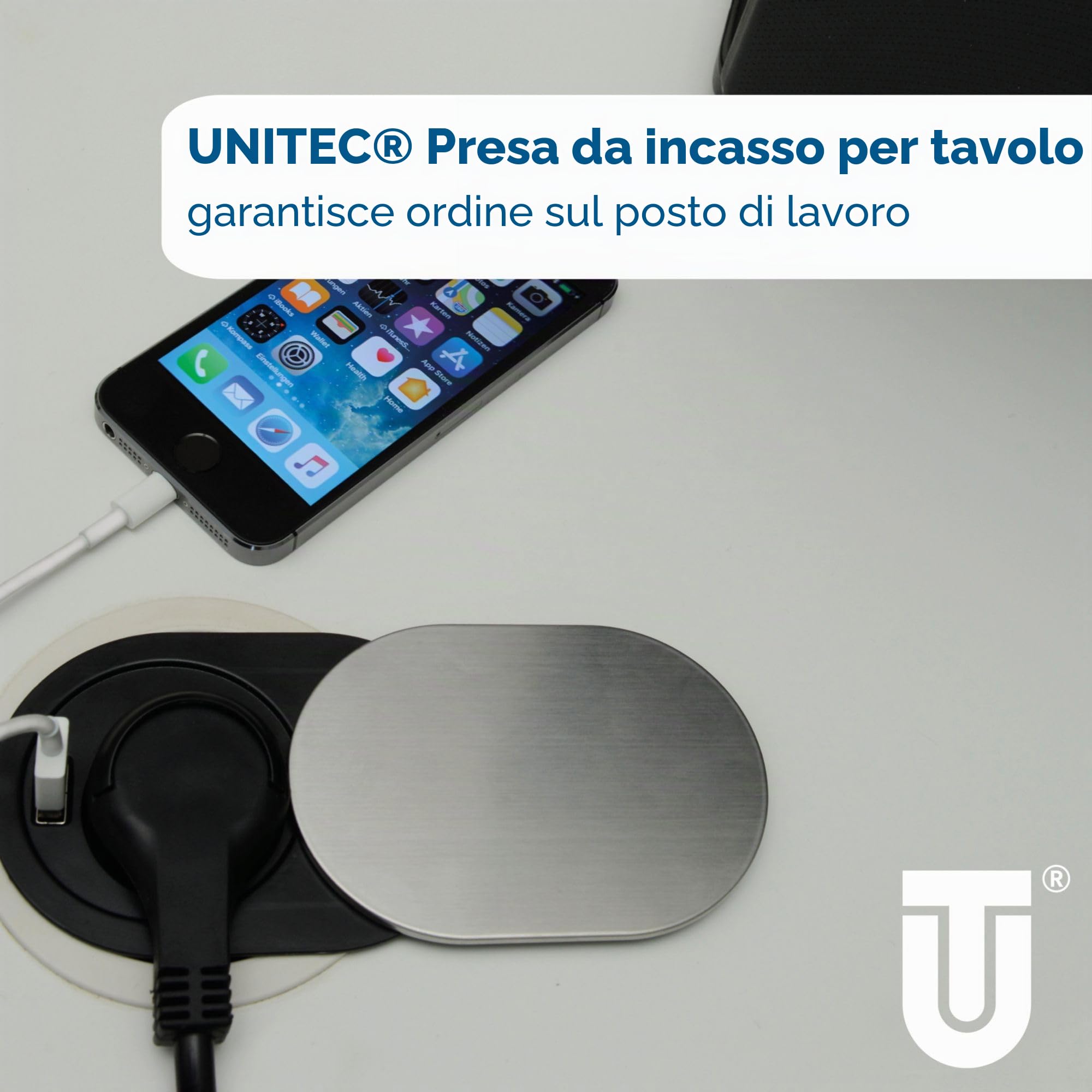 UNITEC Presa da incasso per piano da tavolo, presa da tavolo, 1 presa Schuko + 1 USB, dimensioni compatte, facile installazione, protezione tramite coperchio scorrevole in acciaio inox