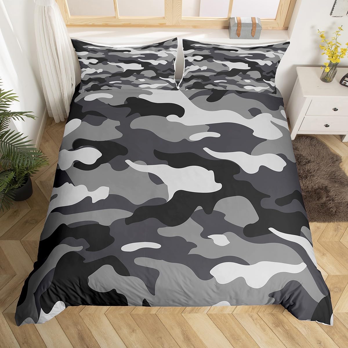 Homewish Camo Cot Duvet Cover 120 x 150 Gray Army Camouflage Bedding - Military Style Grey Woodland Camo Quilt Cover for Kids Teenagers Boys Bedroom - Black Reversible Bed Set with 1 Pillowcase