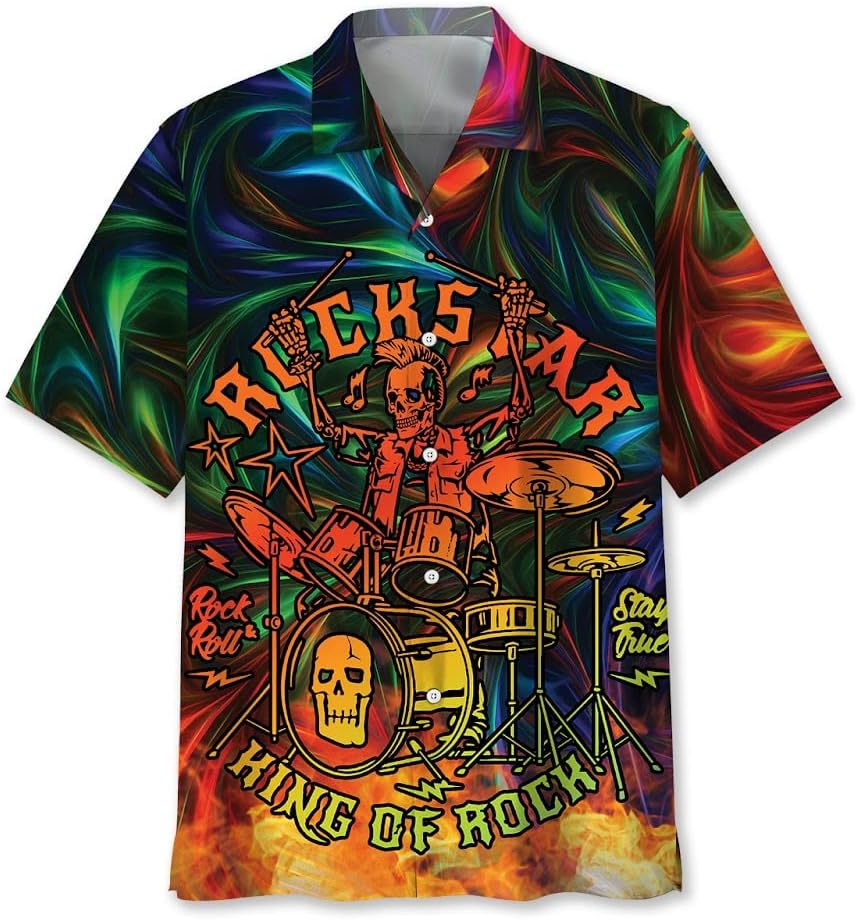 Hawaiian Drum Shirt Men Short Sleeve Drummer Button Down Shirt - Vintage Drum Shirts for Men