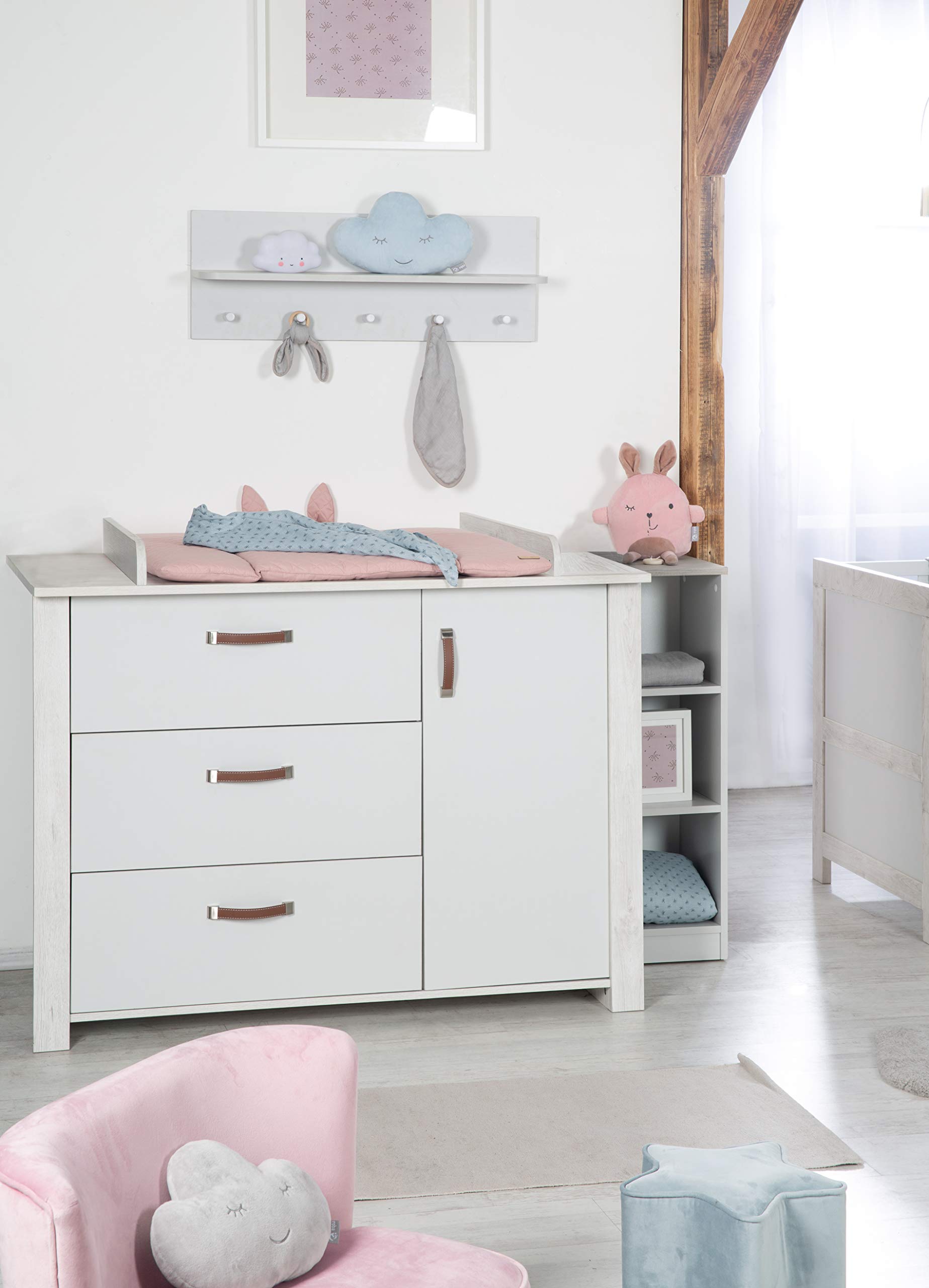 Cameretta per Bambini Mila Lettino Combinato 70x140 cm Fasciatoio Cassettiera Armadio 3 Ante Bianco Grigio