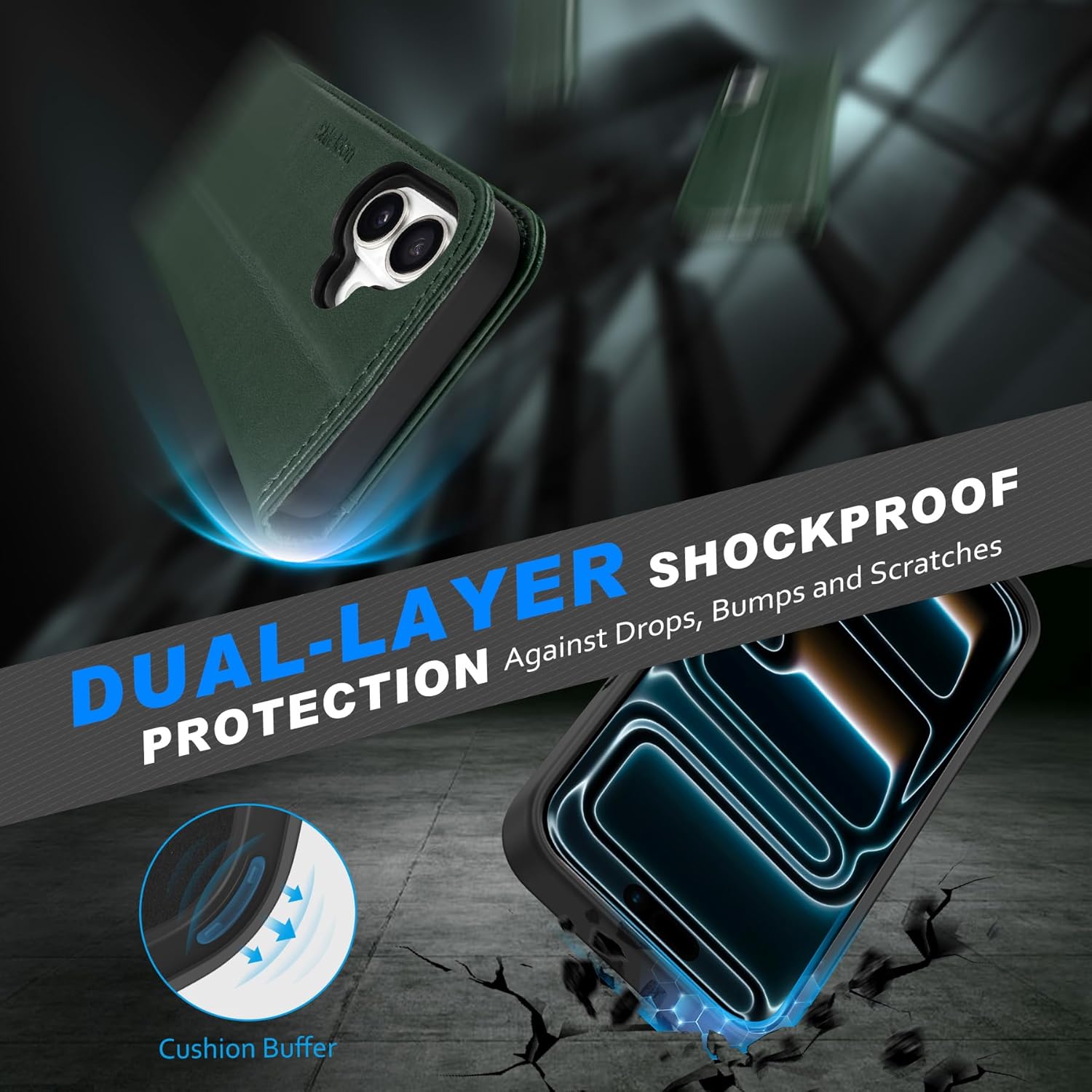 SHIELDON Detachable Leather Wallet Case for iPhone 17 6.3 Inch 5G | Removable | Wireless Charging | Kickstand | RFID Blocking | Credit Card Holder | Flip Magnetic Cover | Midnight Green