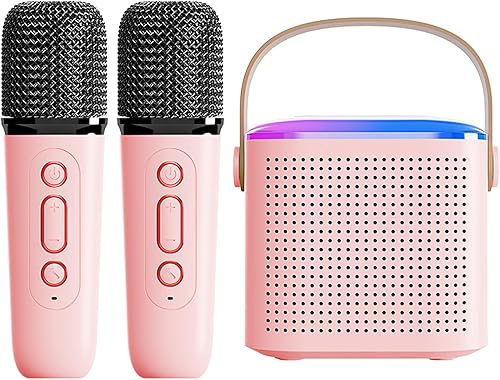 ALLOMN - Altavoz Bluetooth, máquina de karaoke portátil para adultos y niños con 2 micrófonos inalámbricos y luces coloridas, mini altavoz de