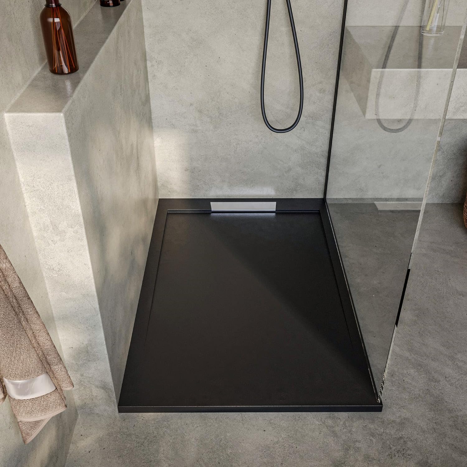 SOULHOME Brodzik prysznicowy– Żywica– Gel Coat– Gładka/Kamienna tekstura – Antypoślizgowy – czarny- 180x90- Niski 3cm– Elegancki