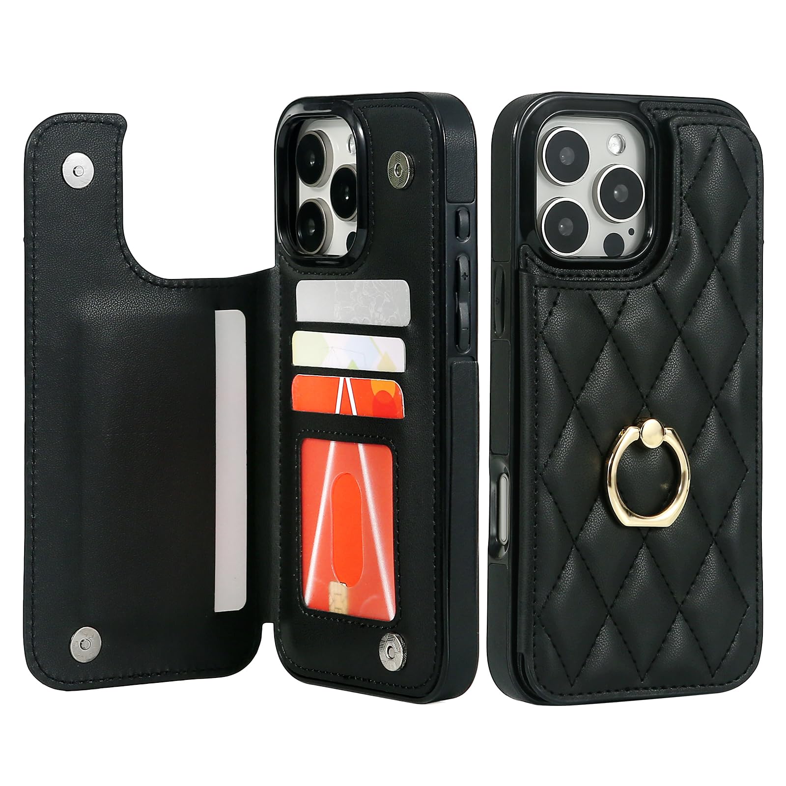 IKOLYS for iPhone 16 Pro 6.3" Wallet Case with Card Holder, Ring Kickstand Card Slots Leather Case with Double Magnetic Clasp Phone Cover 6.3 Inch