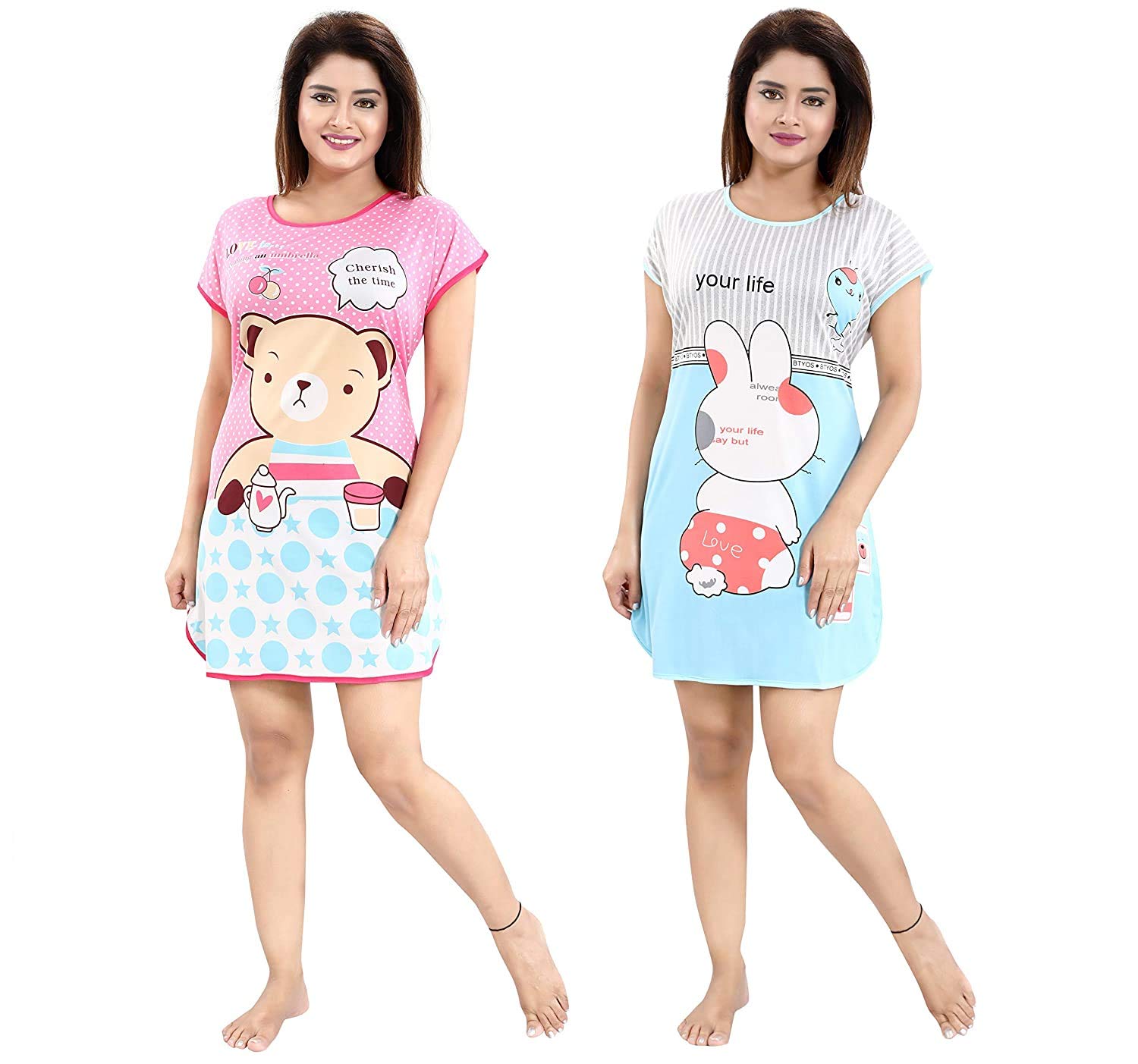 krystle Girl's Cartoon Knee Length Nightwear Long Top-(Pack of 02)-(Multicolor)-picture-52