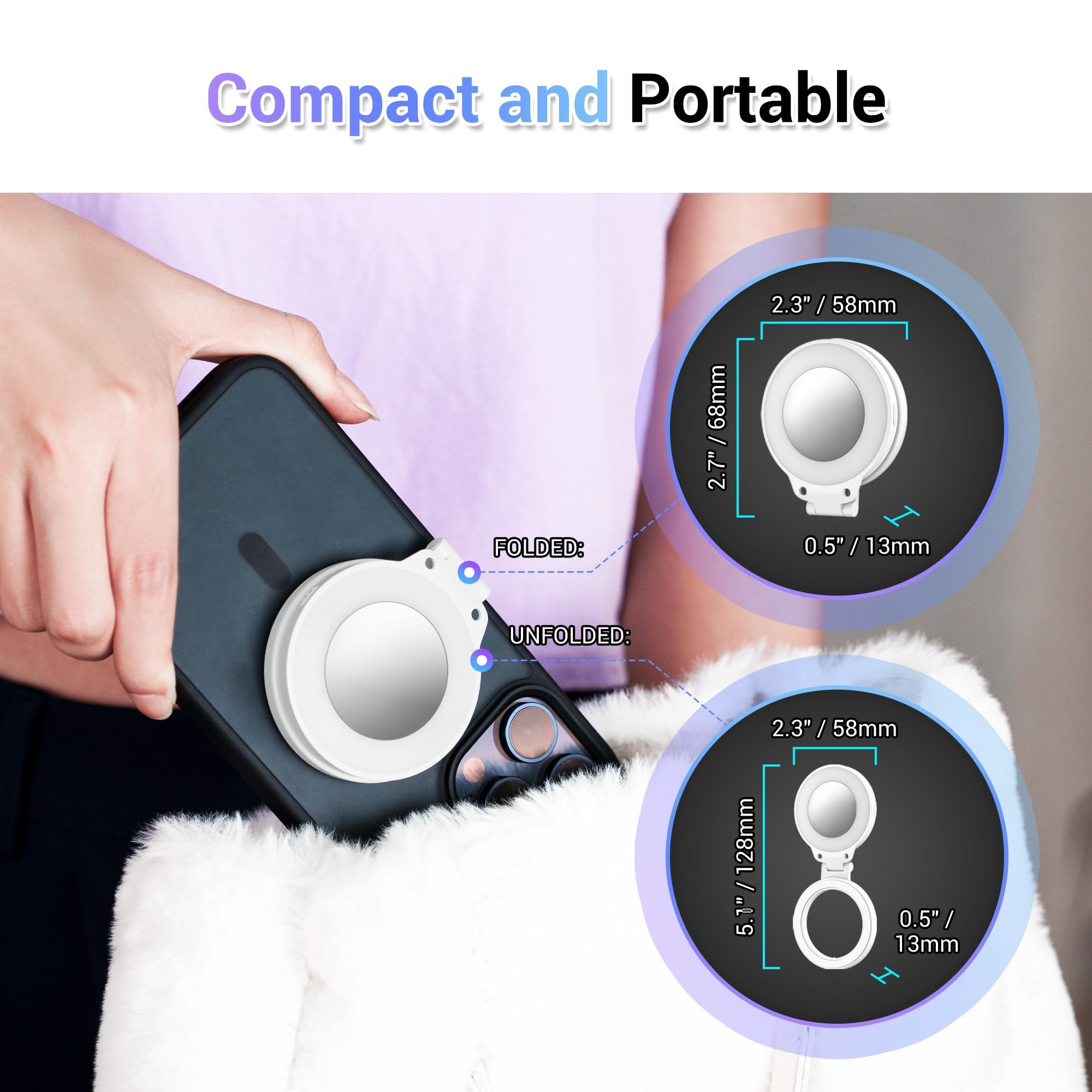 JJC Anello magnetico per selfie con specchio per selfie, luce ricaricabile per telefono, 3 impostazioni di luminosità, orientabile a 180°, per iPhone 17, 16, 15, 14, 13, selfie, streaming, TikTok