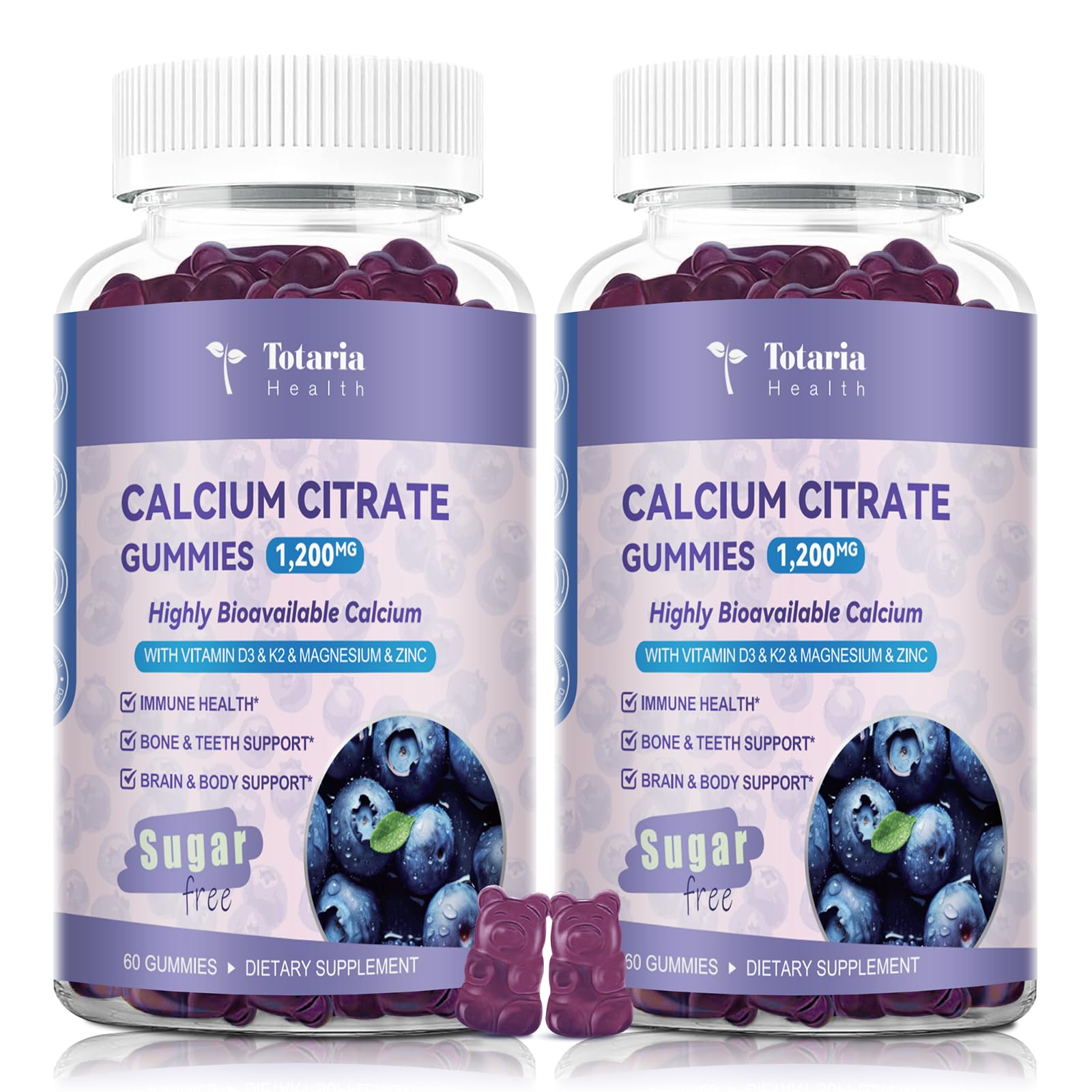 2 Pack Calcium Citrate Gummies 1200 mg - Calcium Supplements for Women with Vitamin D3 & K2,Magnesium,Zinc - Sugar Free Calcium Gummies for Bone & Teeth & Immune Support- Blueberry Flavor