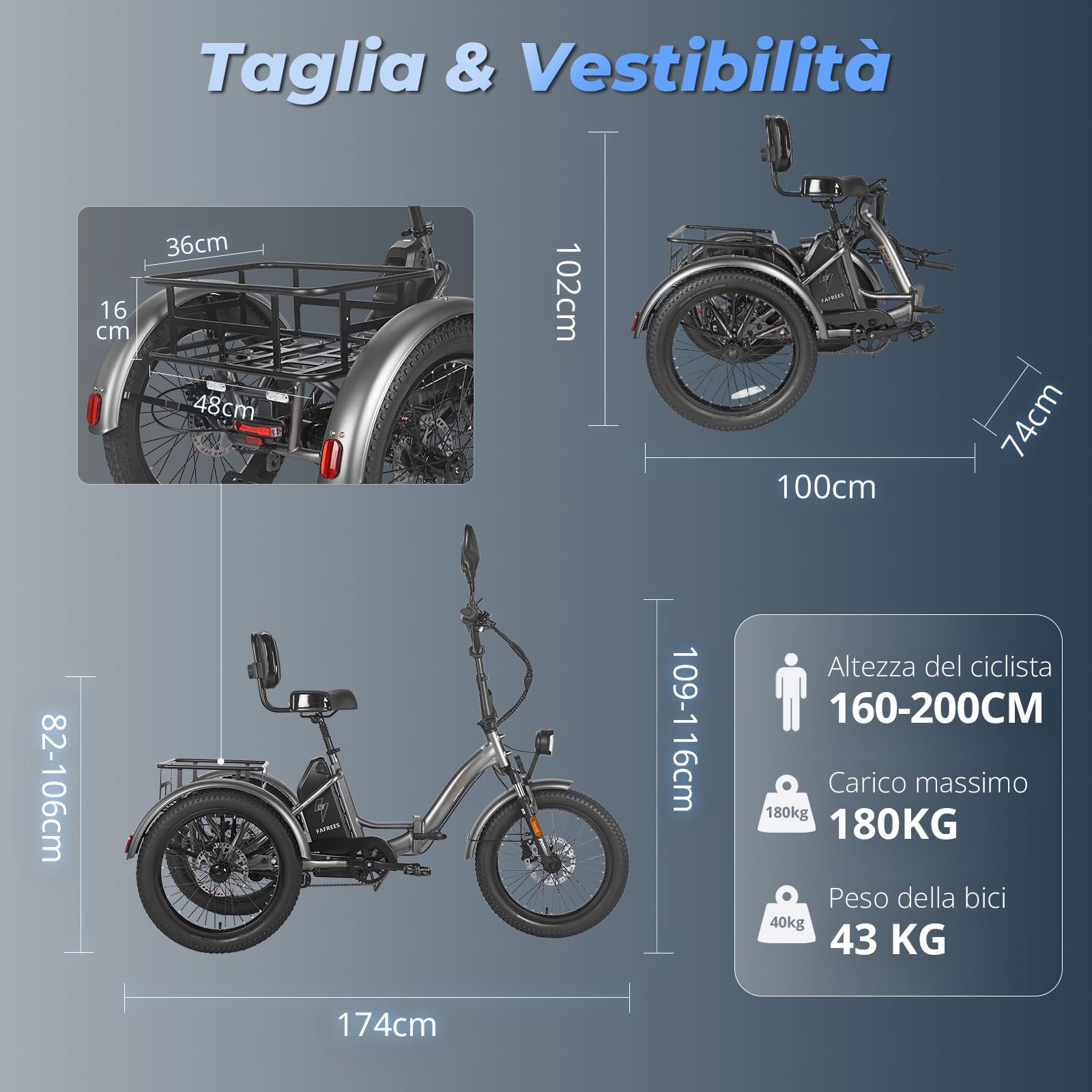 Fafrees Triciclo Elettrica 48V23Ah Batteria Rimovibile Bici Elettrica Pieghevole a 3 Ruote 20"×3.0", Autonomia 70-120km, Ebike per Adulti Uomo Donna, Freni a disco idraulici