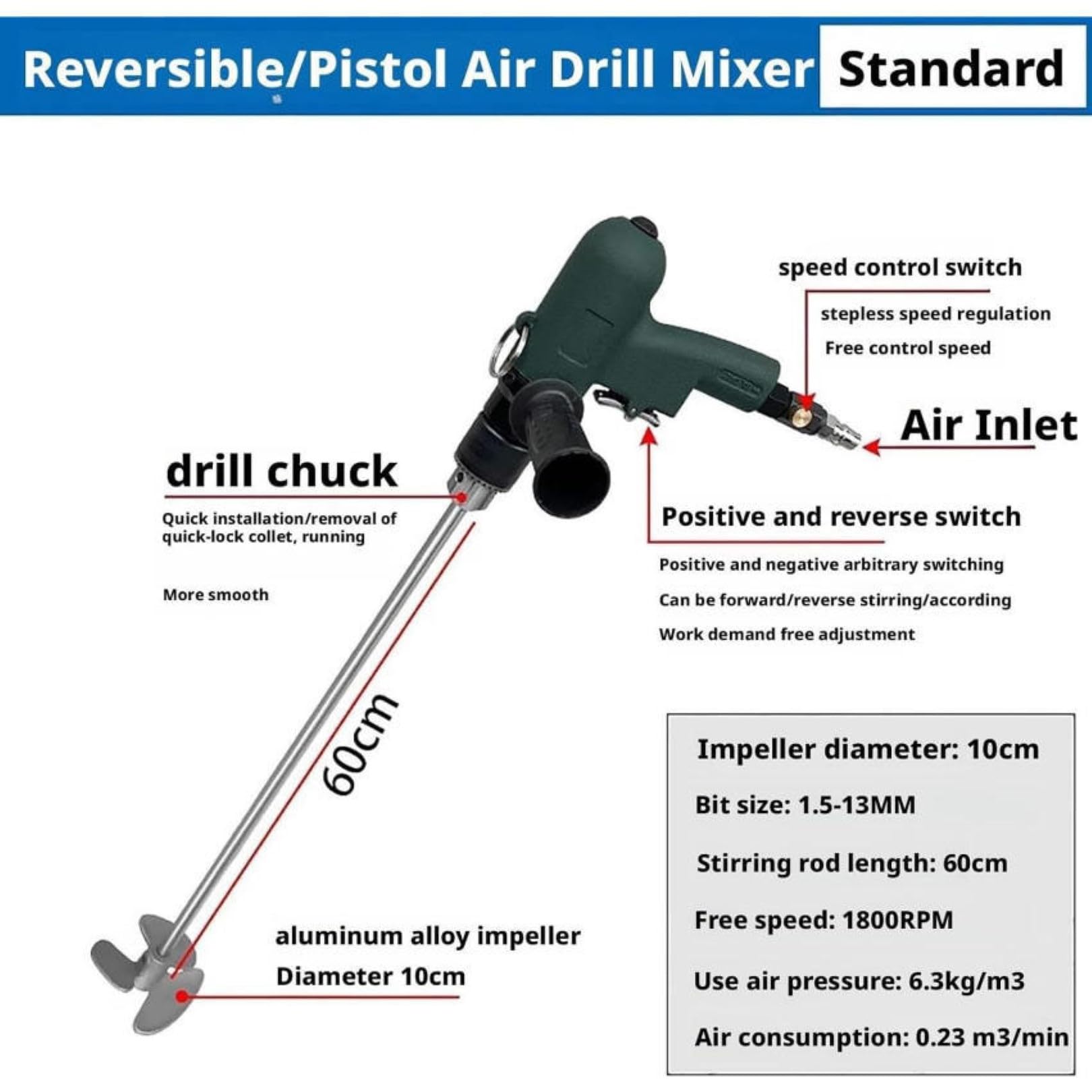 Mezclador neumático portátil de velocidad ajustable con marcha atrás, agitador de aire de mano de 1800 RPM para pintura, masilla, recubrimientos
