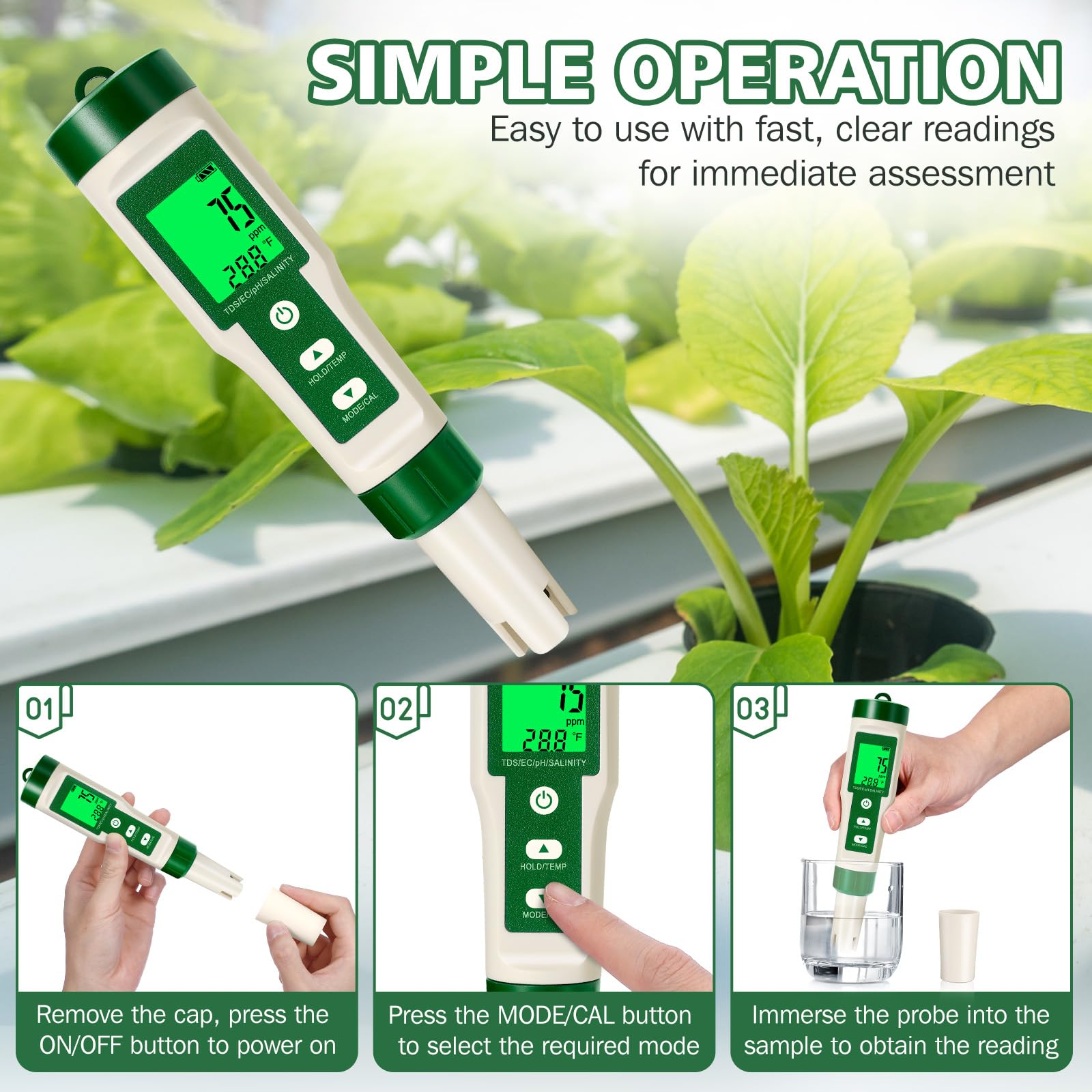 Testeur pH 5 en 1 Numérique, pH Mètre avec Automatique de la Température, Précision 0.01, Mesure pH, TDS, EC, Salinité et Température, Testeur d'Eau pour Piscine, Hydroponie, Aquarium, Eau Potable